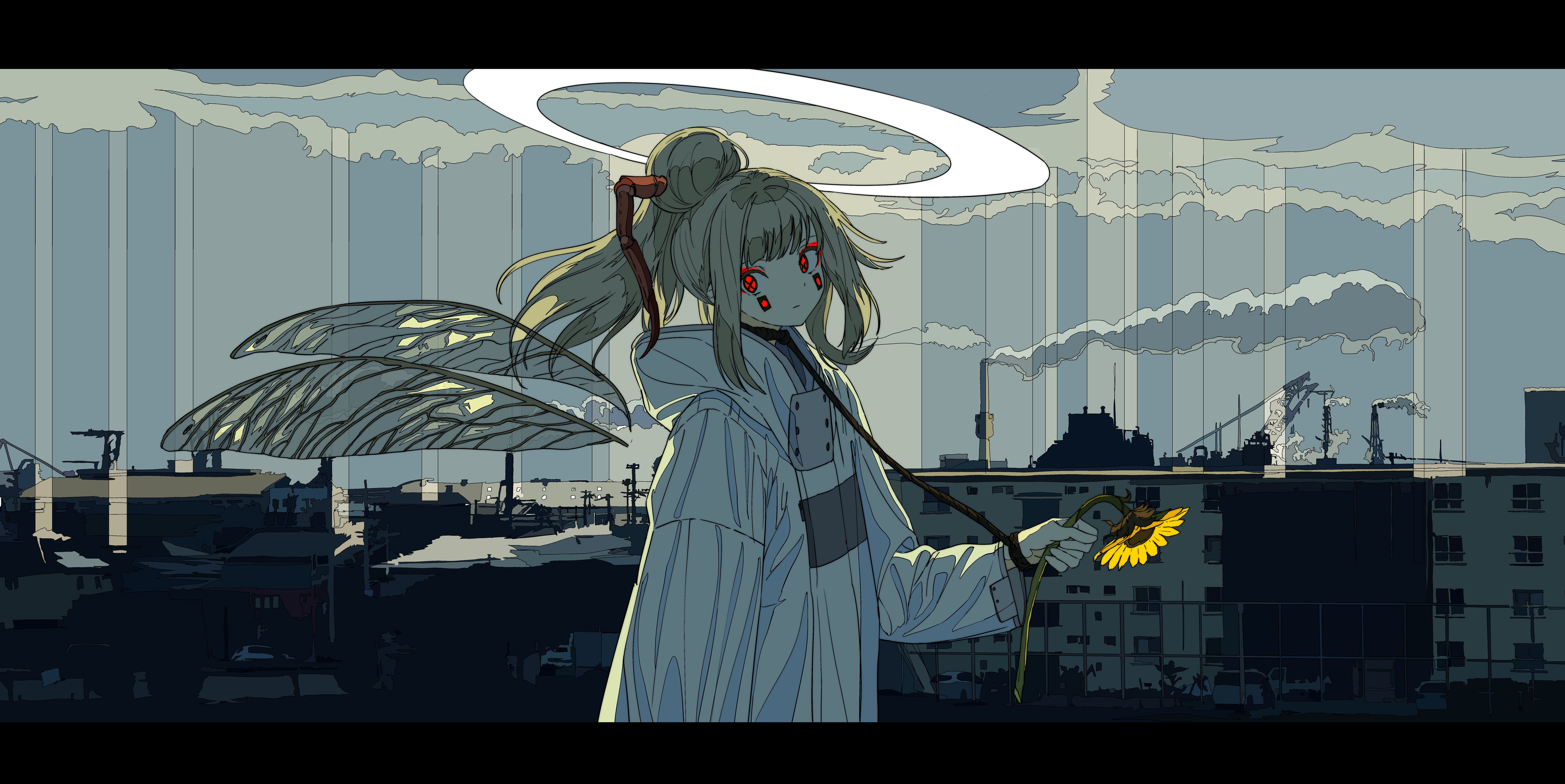 city, ultrawide, drawing, fantasy girl, anime girls, red eyes, anime, 8K, artwork, clouds, digital art, building, original characters, women, cityscape, HD Wallpaper