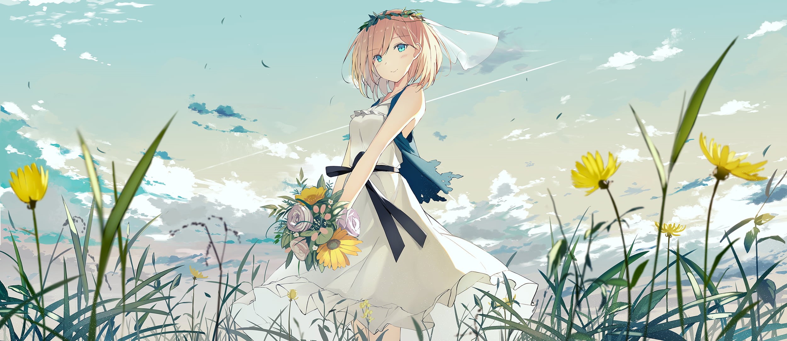 digital art, field, white dress, clouds, dress, drawing, hair ornament, anime, illustration, 2D, women, yellow flowers, blonde, Ashima, blue eyes, artwork, HD Wallpaper