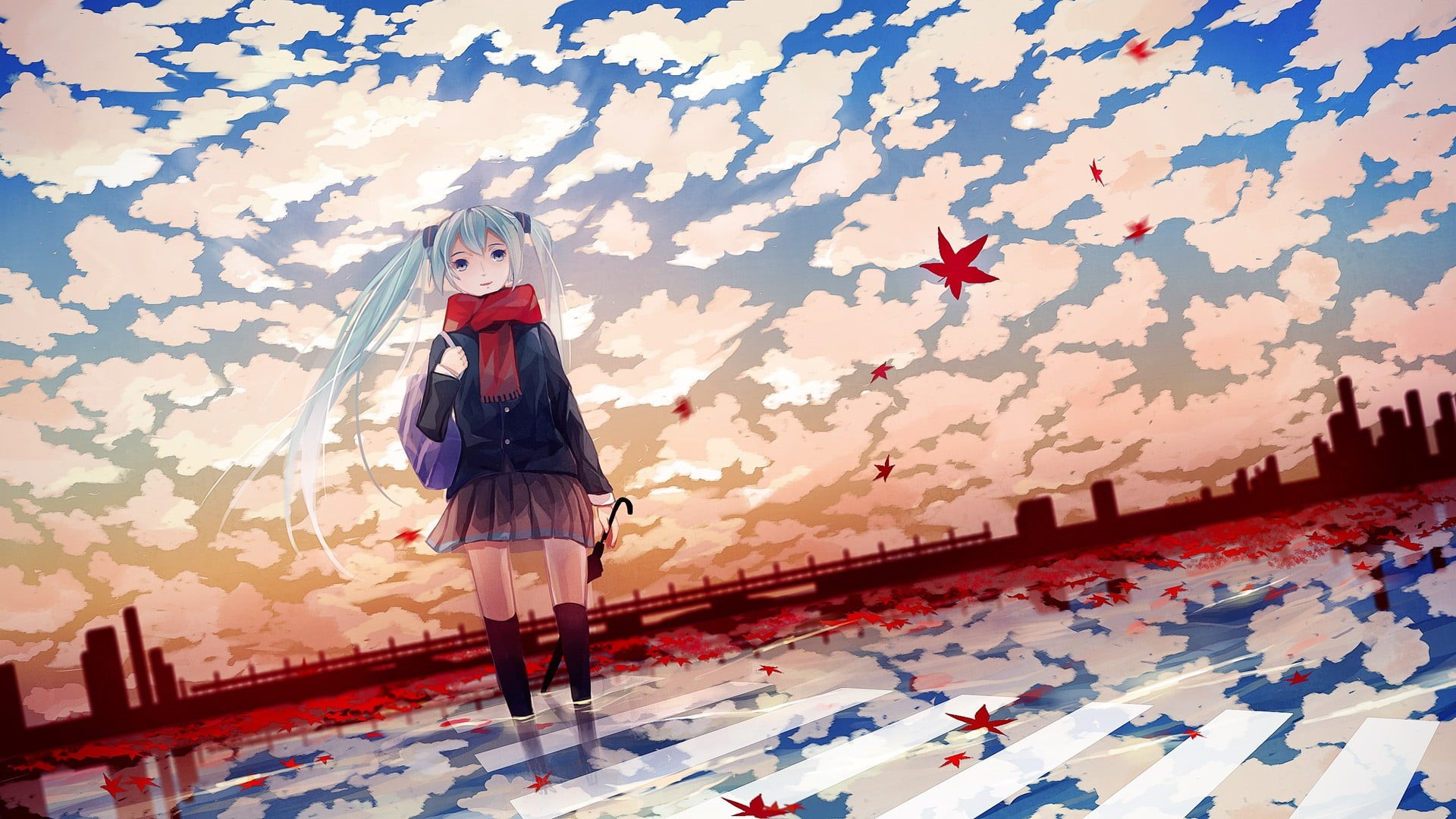 skirt, one Person, wall - building feature, cloud - sky, representation, no people, ideas, decoration, digital, scarf, umbrella, black, twintails, HD Wallpaper