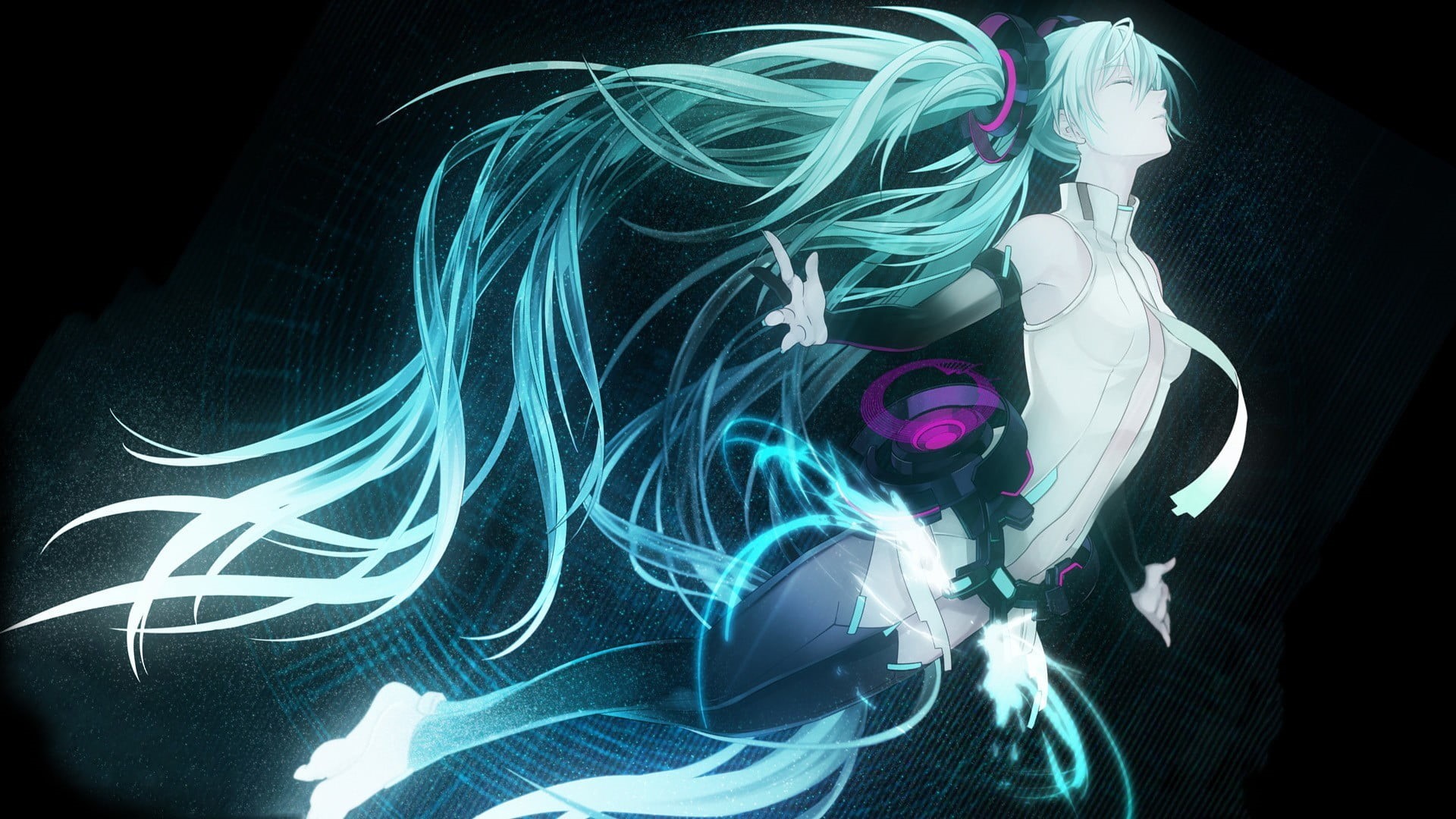 illuminated, technology, design, blue, Vocaloid, anime, black background, nature, anime girls, long hair, twintails, abstract, long exposure, 1080P, blue hair, HD Wallpaper