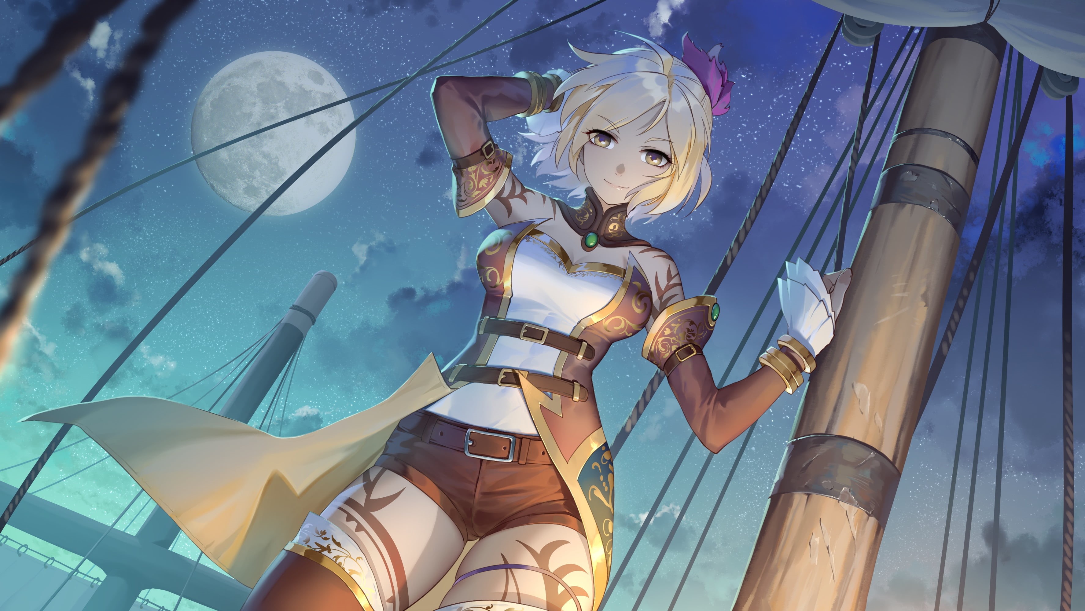 2D, digital art, fantasy art, Moon, anime, short shorts, looking at viewer, illustration, ship, artwork, bokeh, original characters, ropes, pirates, clouds, HD Wallpaper