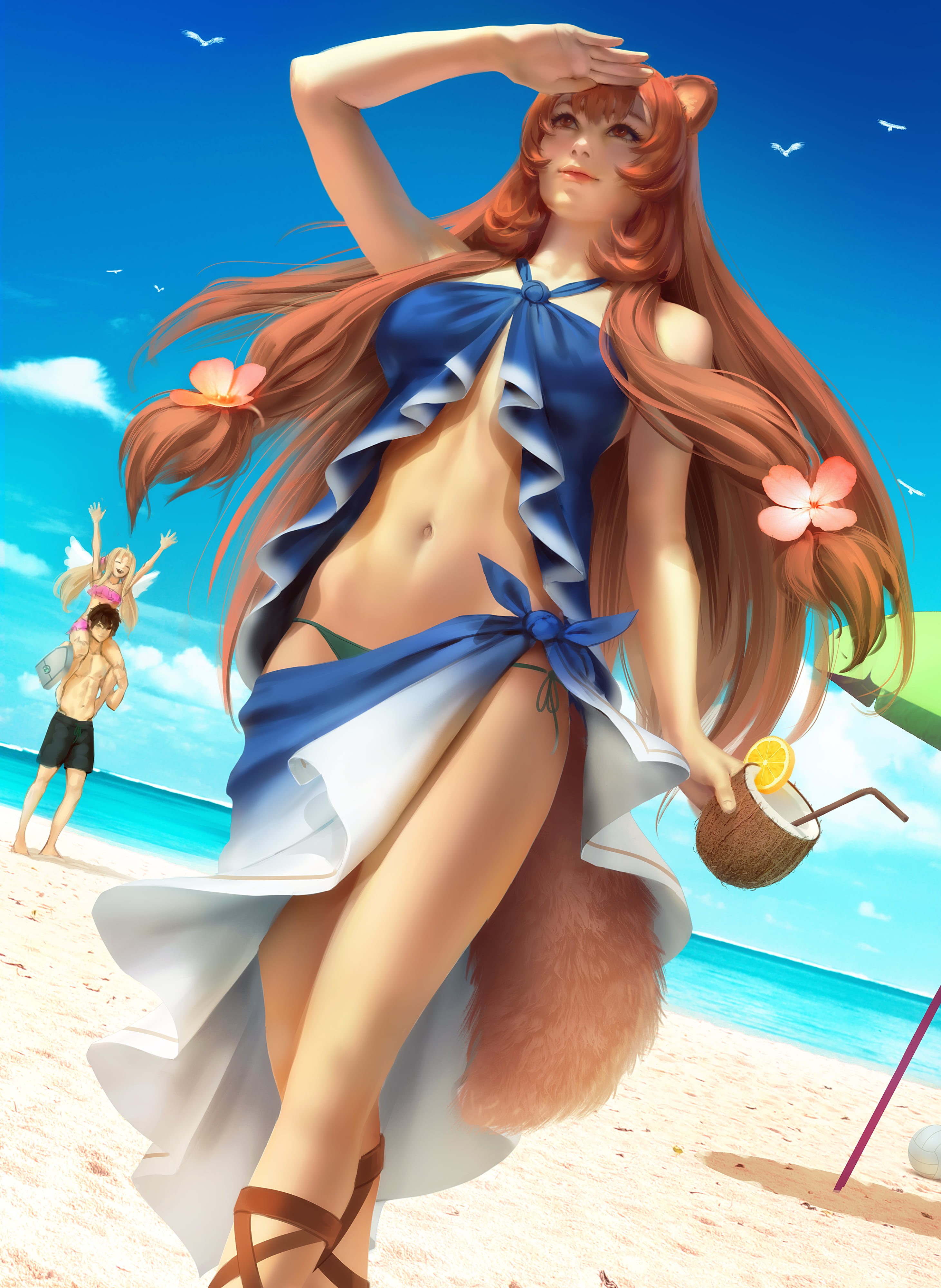 fantasy girl, clouds, 4K, fan art, anime, drawing, illustration, beach, women, Raphtalia, animal ears, belly button, anime girls, brunette, digital art, Phone HD Wallpaper