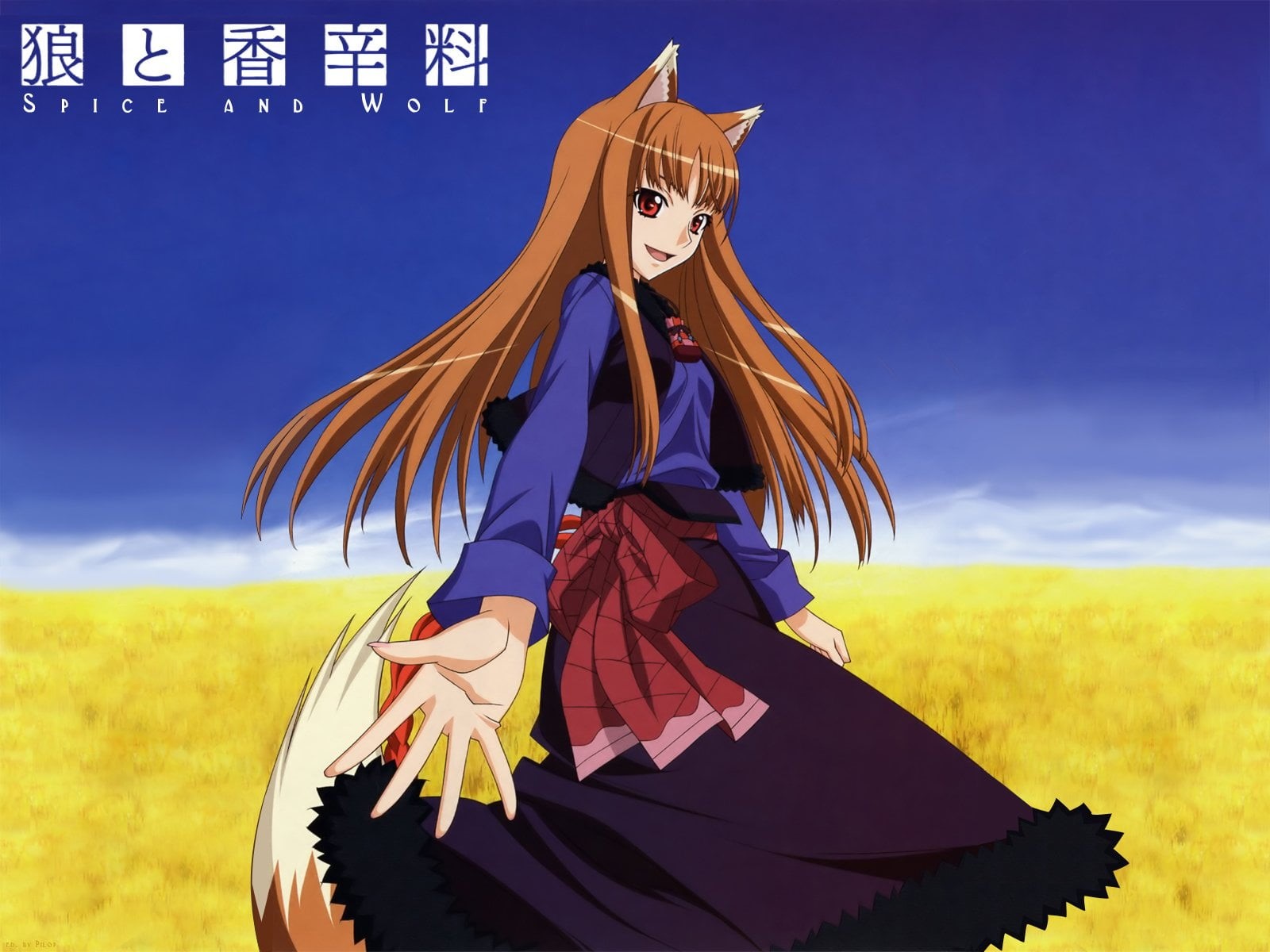 elegance, Smile, Red Eyes, adult, full length, Holo (Spice and Wolf), fantasy, witch, Sky, Nature, clothing, plant, people, Spice and Wolf, Tail, grass, HD Wallpaper