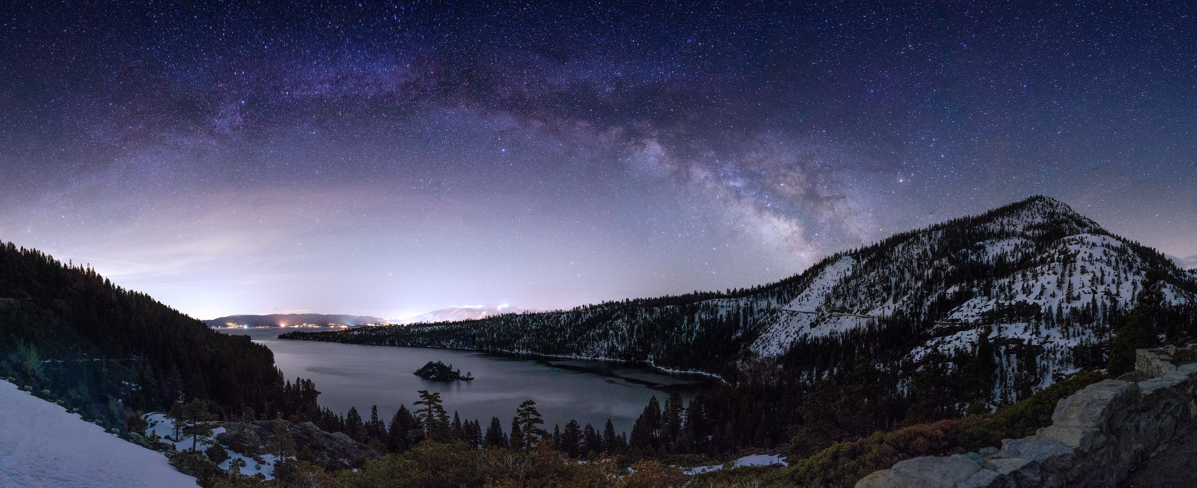galaxy, 4K, light pollution, astronomy, Rokinon, stitched, constellation, Fannette Island, Lake Tahoe  California, mountain, scenic, time, Milky Way, water, HD Wallpaper