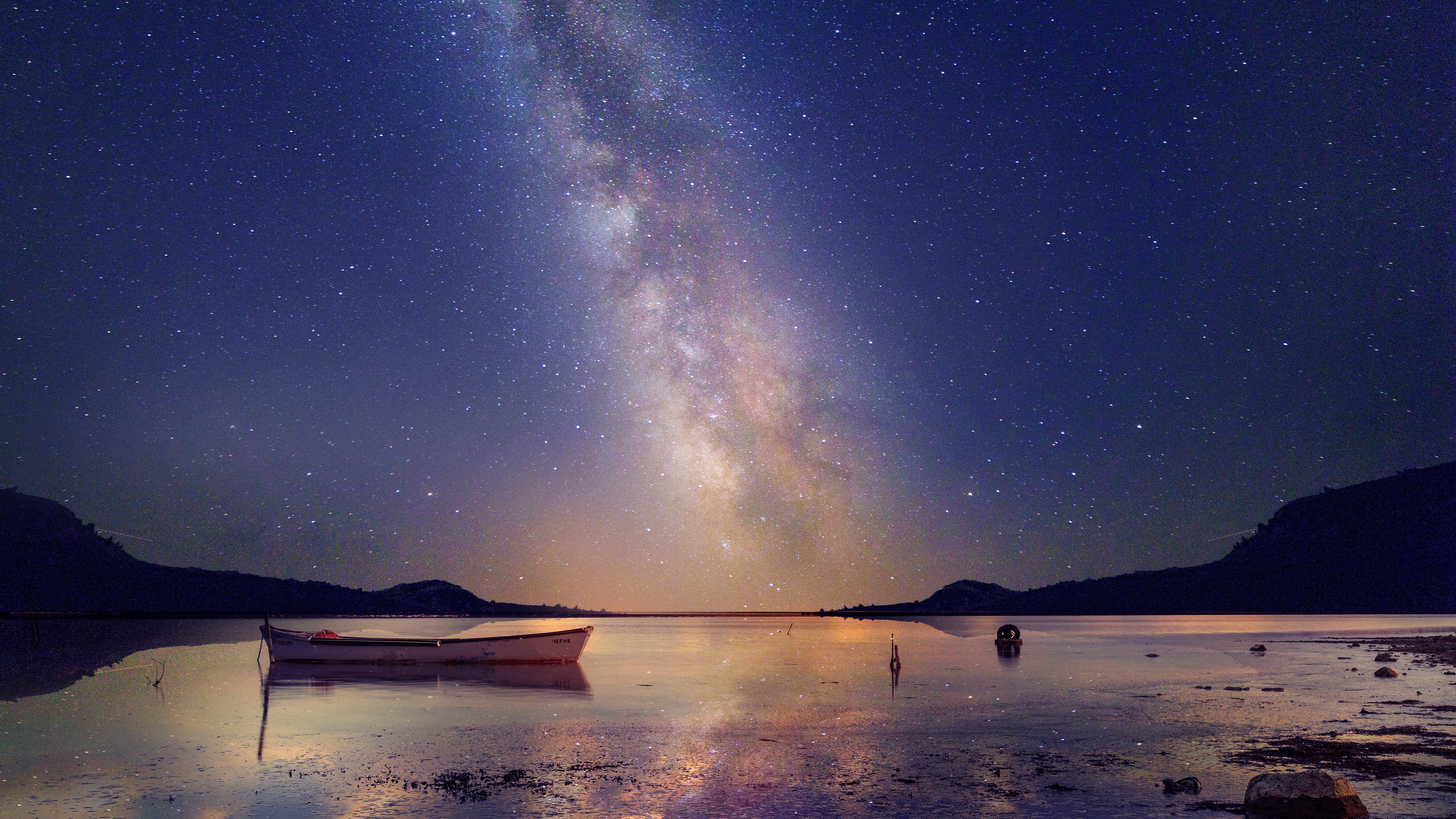 voie, night, seascape, galaxy, et, sky, nature, astronomy, constellation, landscape, blue, galaxie, water, mil, milky Way, barque, star - Space, Long exposure, HD Wallpaper