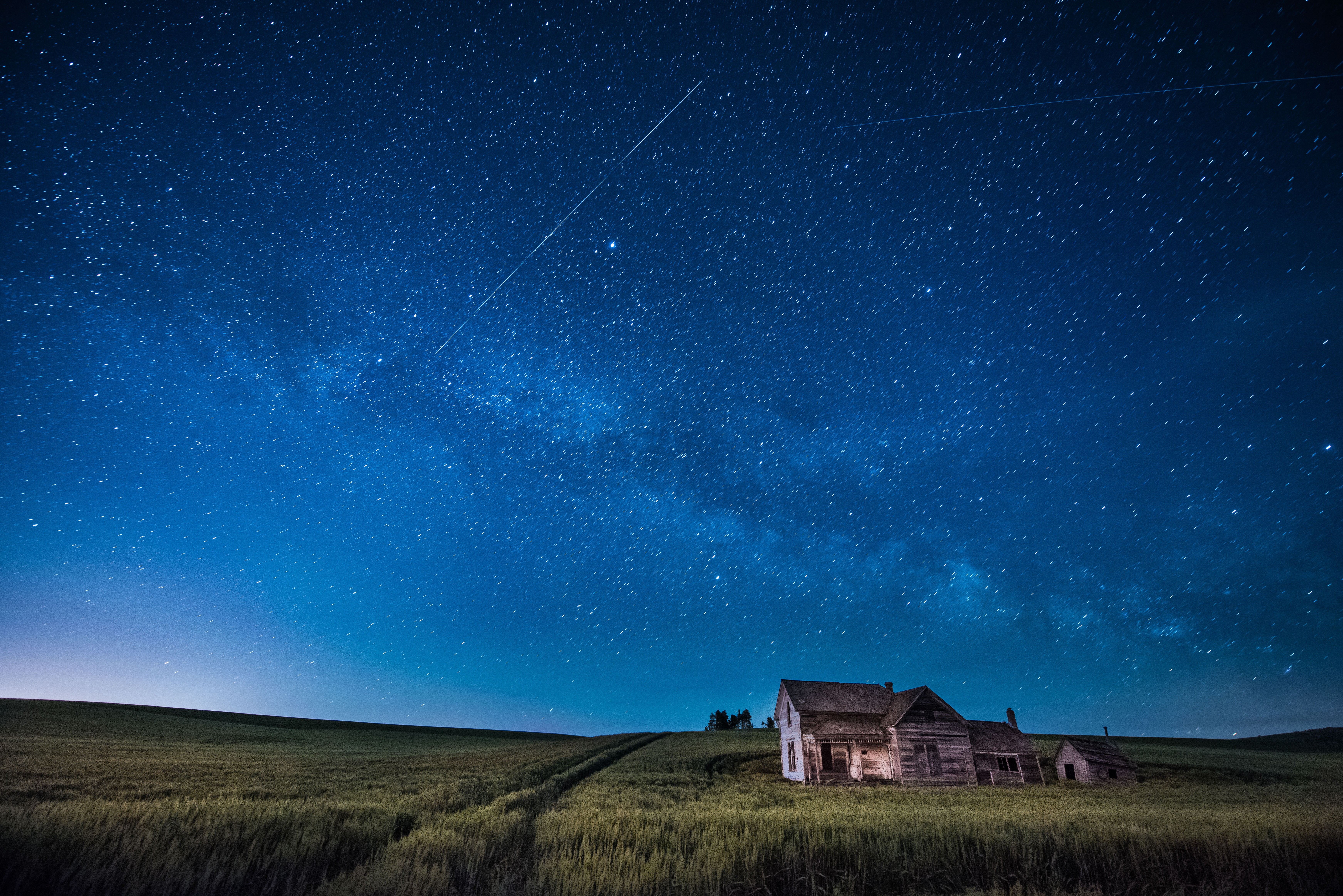 astronomy, panoramic photography, nebula, NXNW, house, nature, falling, photography, star, landscape, galaxy, surrounded, panoramic, grass, Milky Way, dark, HD Wallpaper