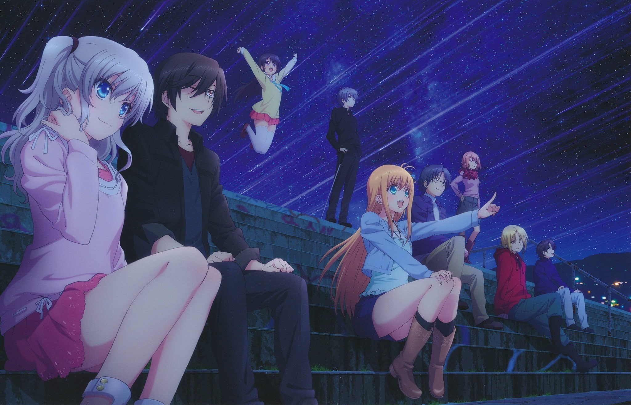 togetherness, adult, Charlotte (anime), white hair, sitting, stars, smiling, arts culture and entertainment, nightlife, blue eyes, long hair, casual clothing, HD Wallpaper