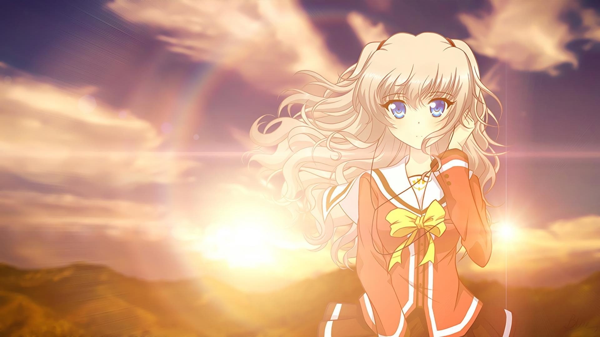 women, people, mystery, haired, Anime, 1080P, Nao Tomori, Charlotte (Anime), bow (Clothing), White Hair, Blush, fantasy, character, young Adult, blue, HD Wallpaper