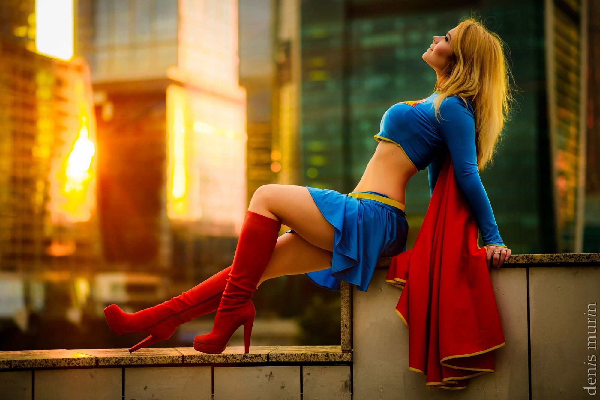 cape, high heeled boots, Denis Murin, blue clothing, straight hair, women, arched back, red clothing, smiling, Irina Meier, blonde, 1080P, cosplay, blouse, HD Wallpaper