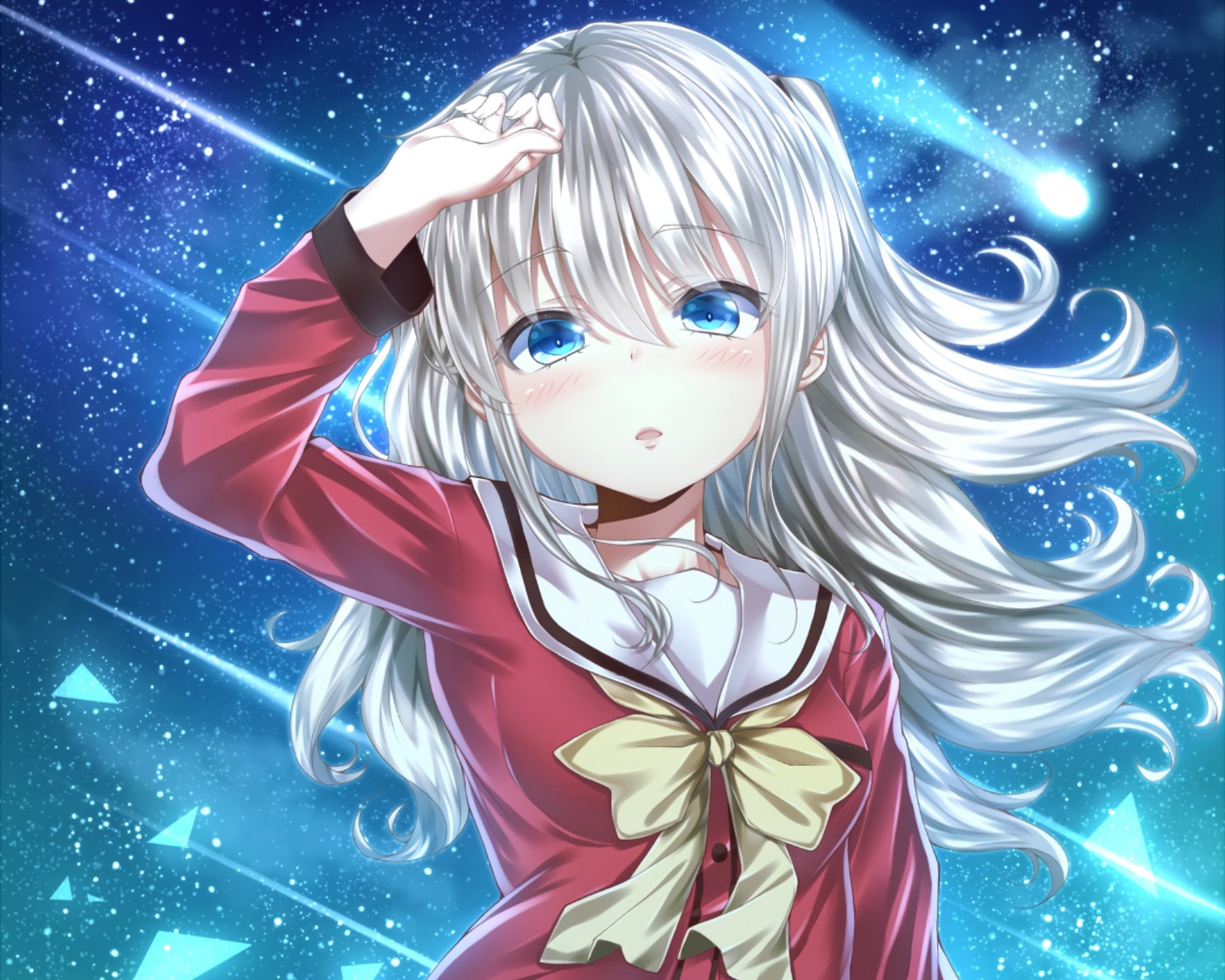indoors, Blush, one person, Sky, bow (Clothing), looking at camera, Nao Tomori, blue, Shooting Star, Anime, White Hair, character, females, School Uniform, HD Wallpaper