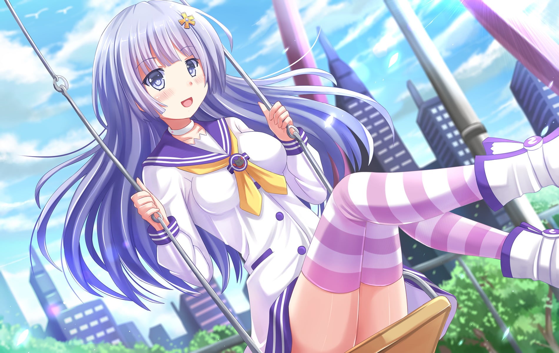 purple, Sitting, 720P, Skyscraper, Collar, outdoors, creativity, real people, Purple Eyes, Long Hair, sunlight, Blush, sky, day, close-up, nature, focus on foreground, HD Wallpaper