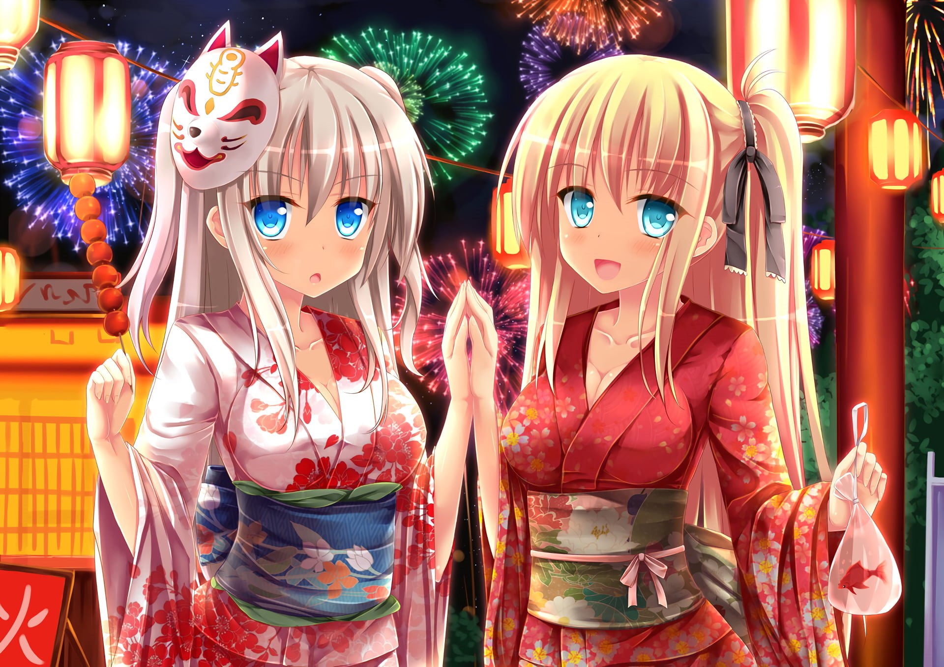 Anime, Blonde, fashion, Charlotte (Anime), indoors, Belt, Lantern, front view, representation, clothing, retail display, female likeness, Kimono, illuminated, HD Wallpaper