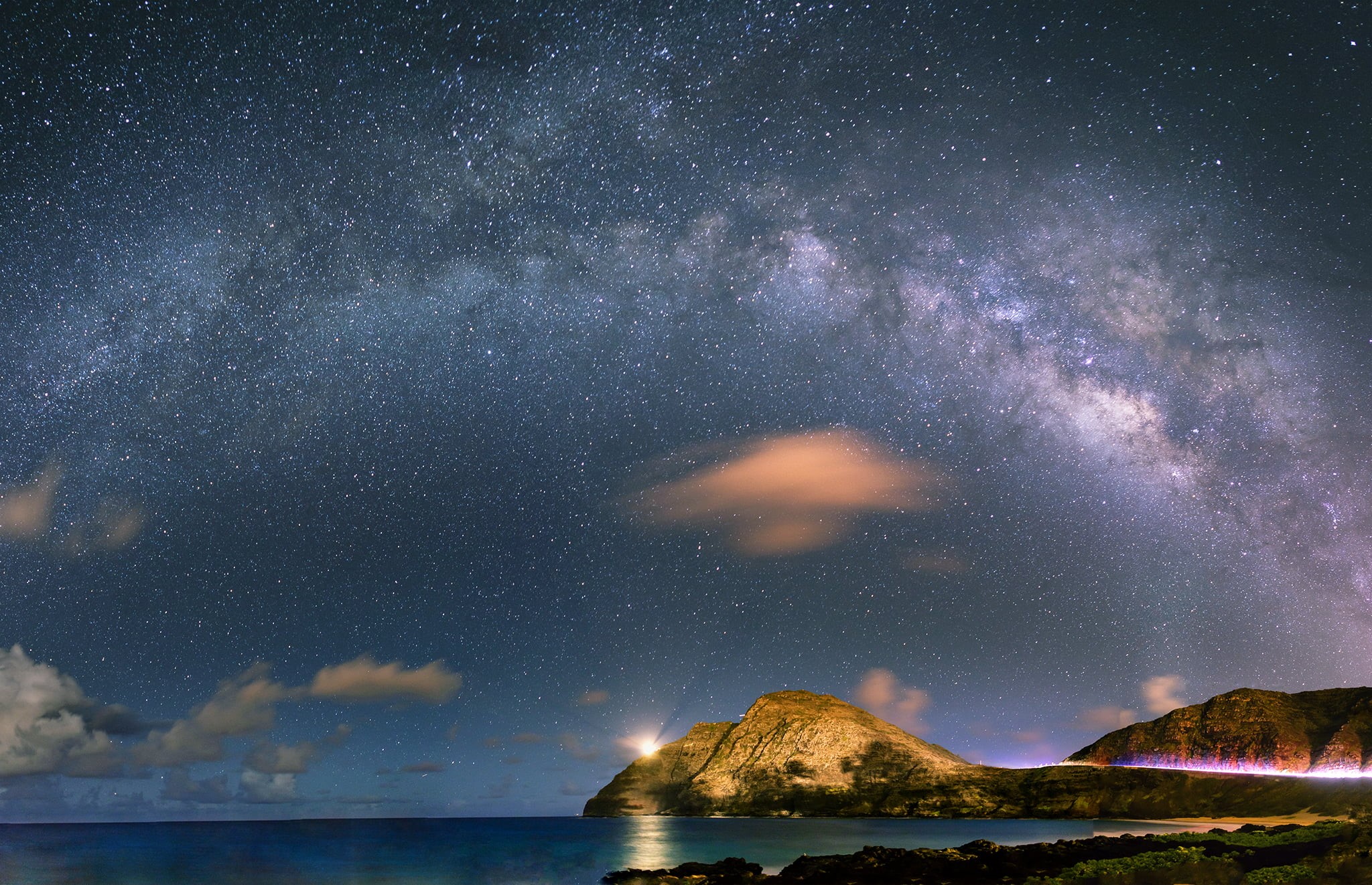sky, mountains, sea, besides, Panorama, night, Hawaii, photography, astronomy, water, space, Milky Way, galaxy, starry night, Astrophotography, body of water, HD Wallpaper
