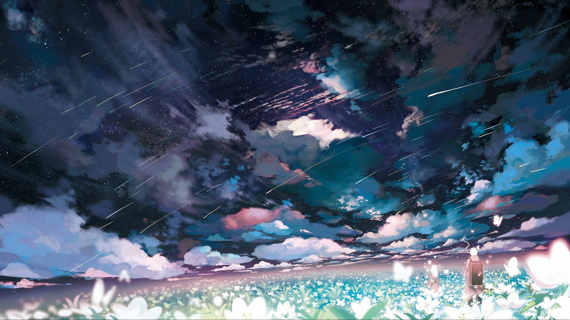 Night, Mushishi, Cloud, Ginko (Mushishi), Landscape, Shooting Star, Flower, Anime, 1080P, HD Wallpaper