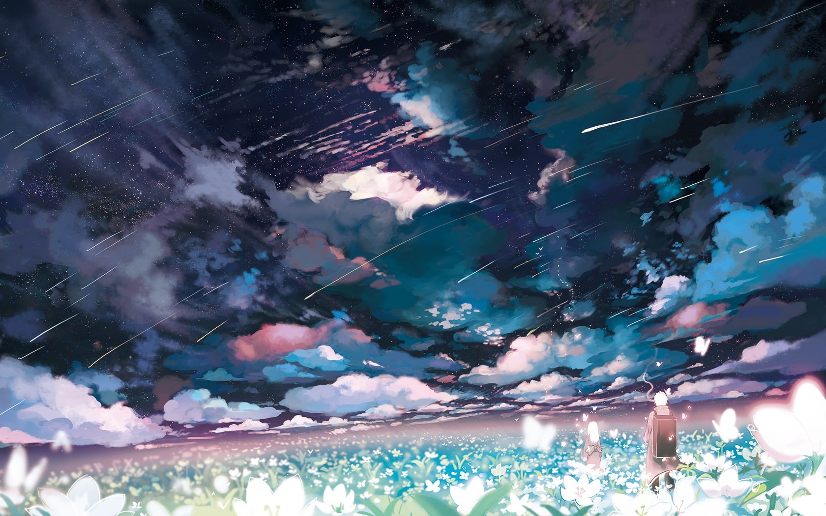 stars, flowers, 720P, butterfly, mushishi, shooting, clouds, sky, (mushishi)anime, ginko, HD Wallpaper