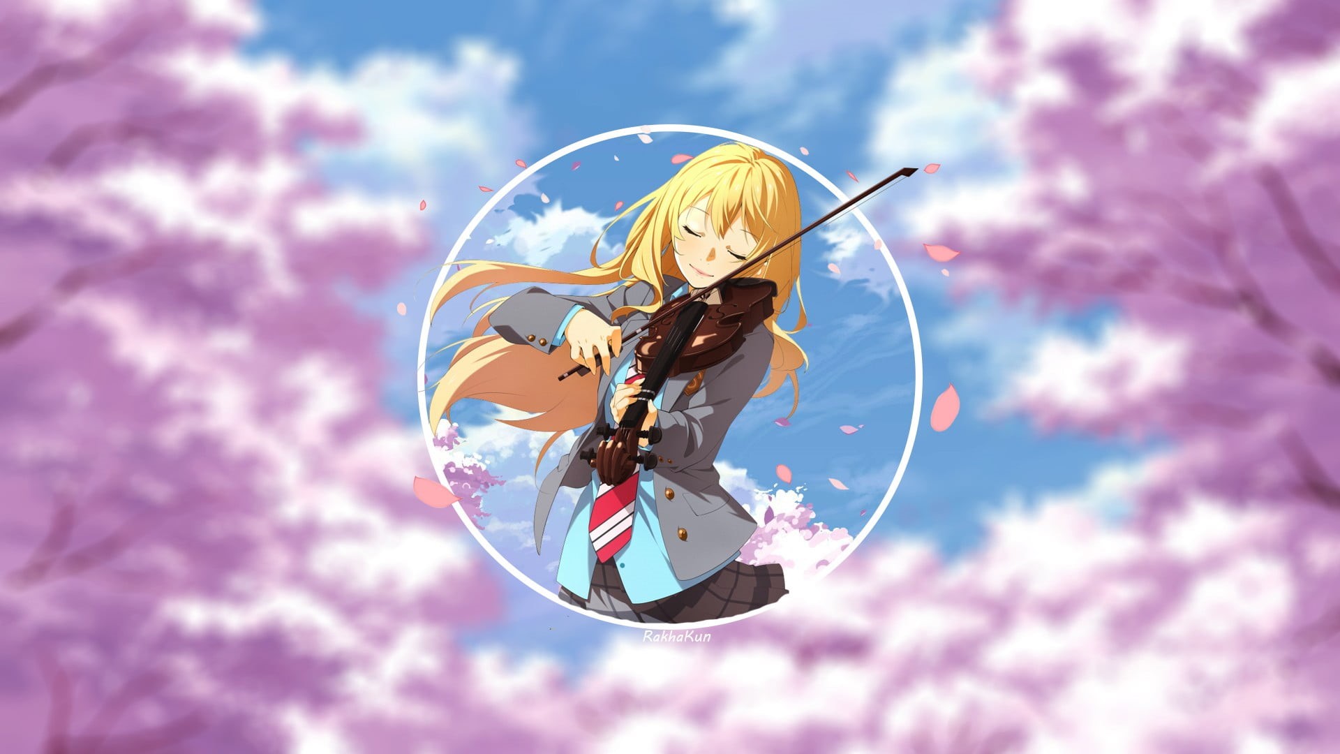 illustration, blue, playing, pink color, one person, violin, fragility, motion, female, sunlight, anime girls, anime, low angle view, 1080P, holding, lifestyles, HD Wallpaper
