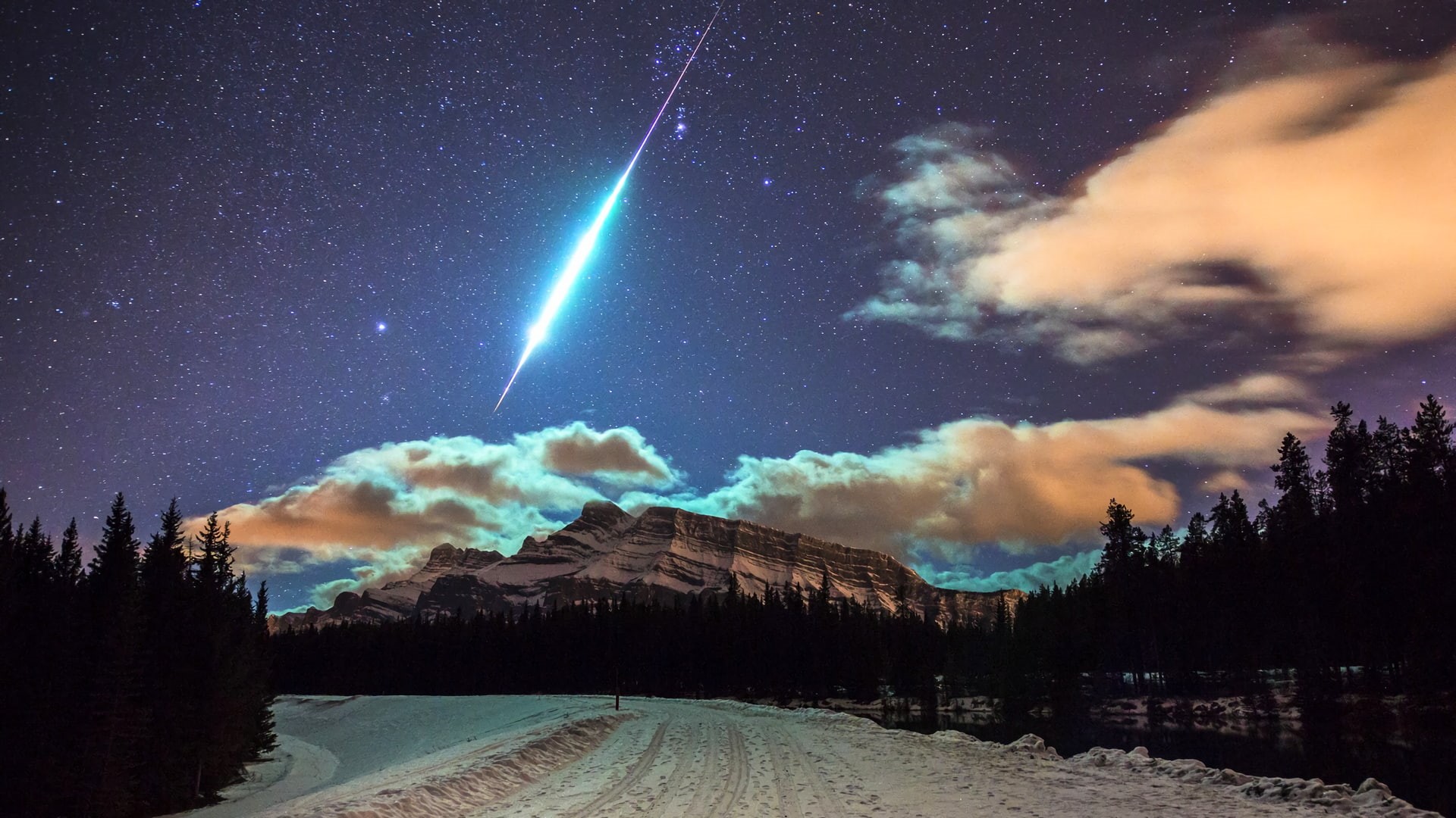 astronomy, beauty in nature, snowcapped mountain, tree, sky, mountain, comet, star - space, 1080P, landscape, nature, cloud - sky, space, night, environment, HD Wallpaper