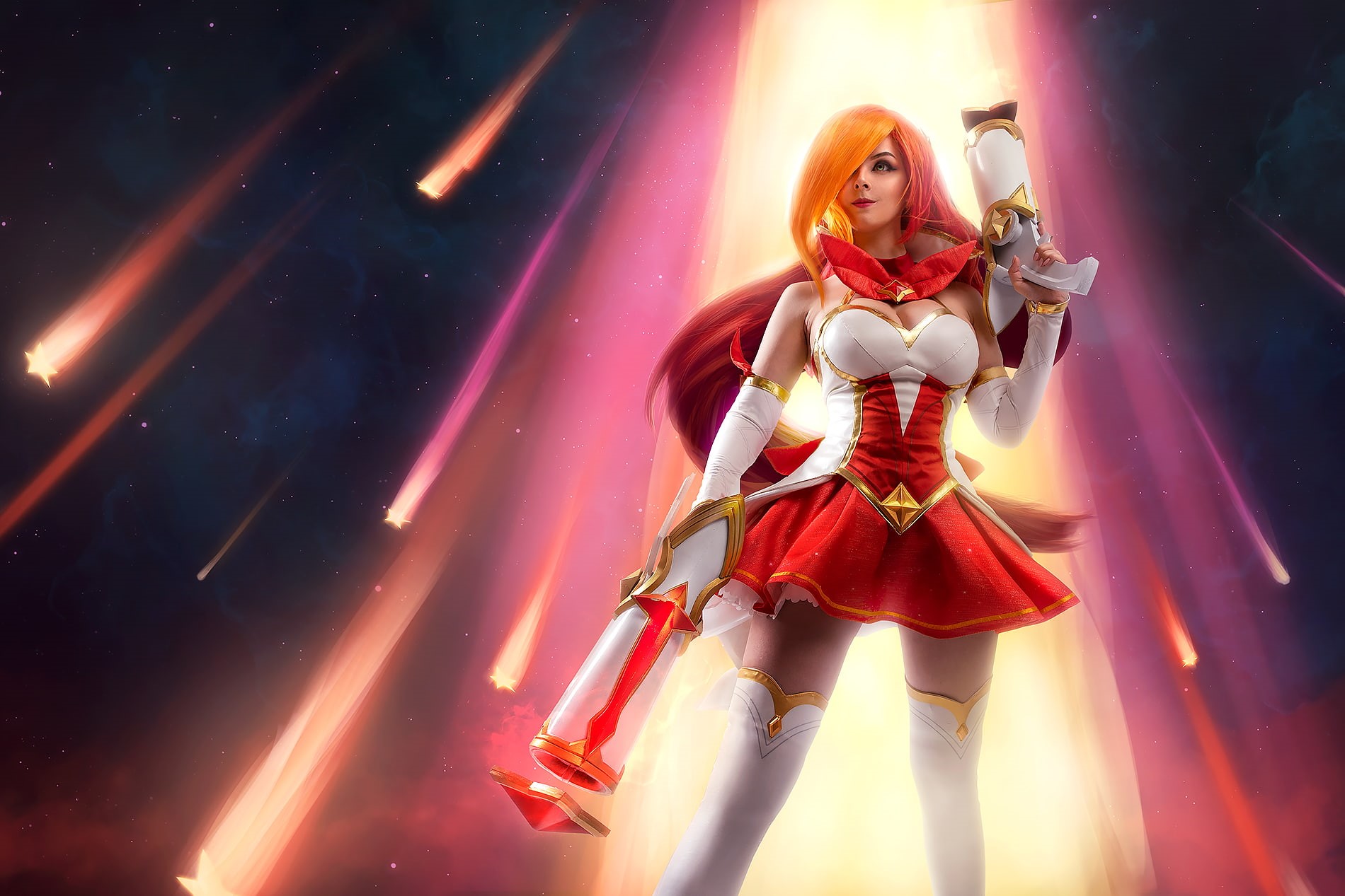 Disharmonica, model, Star Guardian, League of Legends, looking into the distance, smiling, cleavage, knee-high boots, Miss Fortune (League of Legends), HD Wallpaper