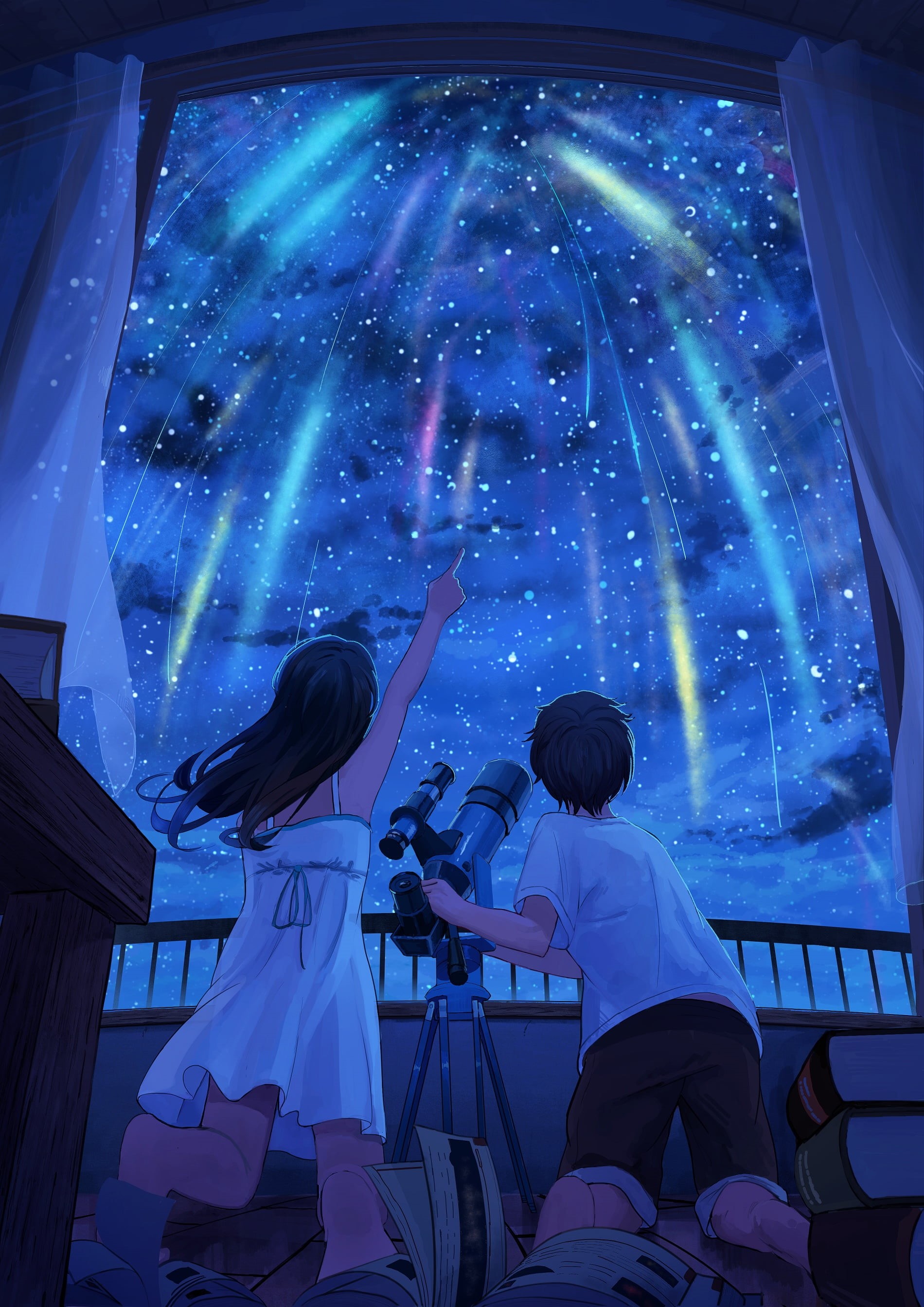 point of view, telescope, shooting stars, anime, sky, balcony, books, curtains, night, finger pointing, 2K, lights, window, stars, Phone HD Wallpaper