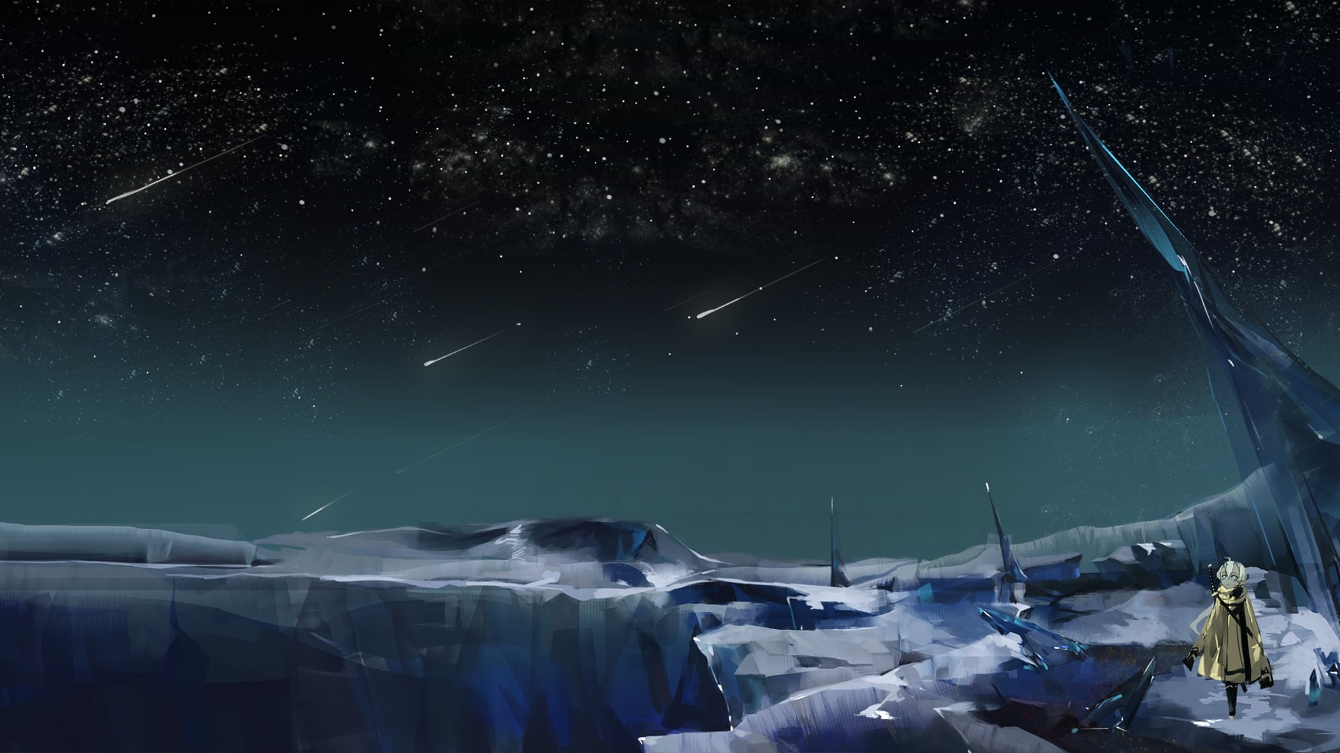 space, night, anime girls, lake, white eye, anime, sea, Pixiv Fantasia, stars, winter, sky, frigidity, 1080P, shooting stars, katana, spike, sword, snow, HD Wallpaper