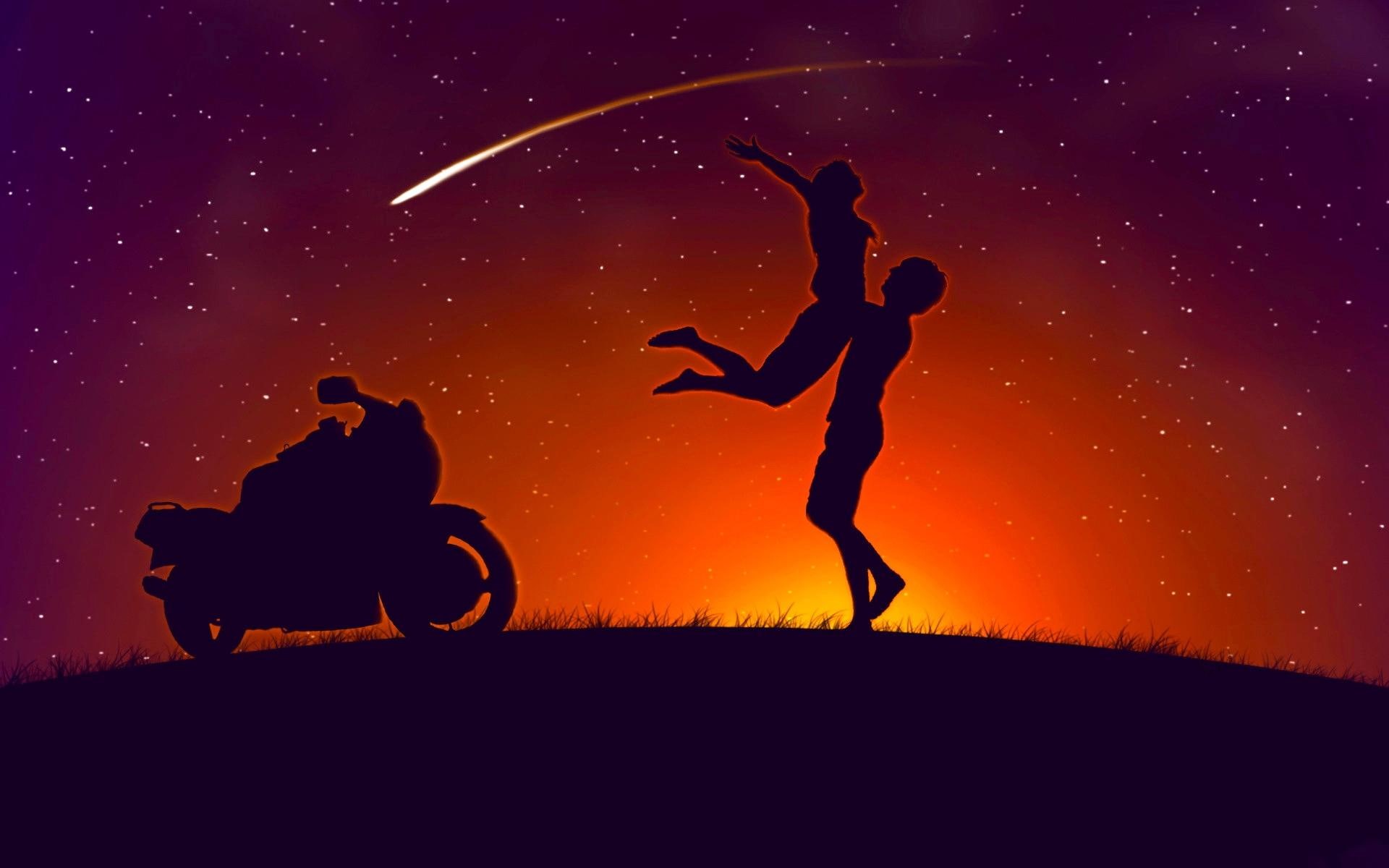 sky, woman, man, star, lifting, 1080P, sports, motorcycle, near, silhouette, bike, amp, 3d and abstract, couple, shooting, starry, HD Wallpaper