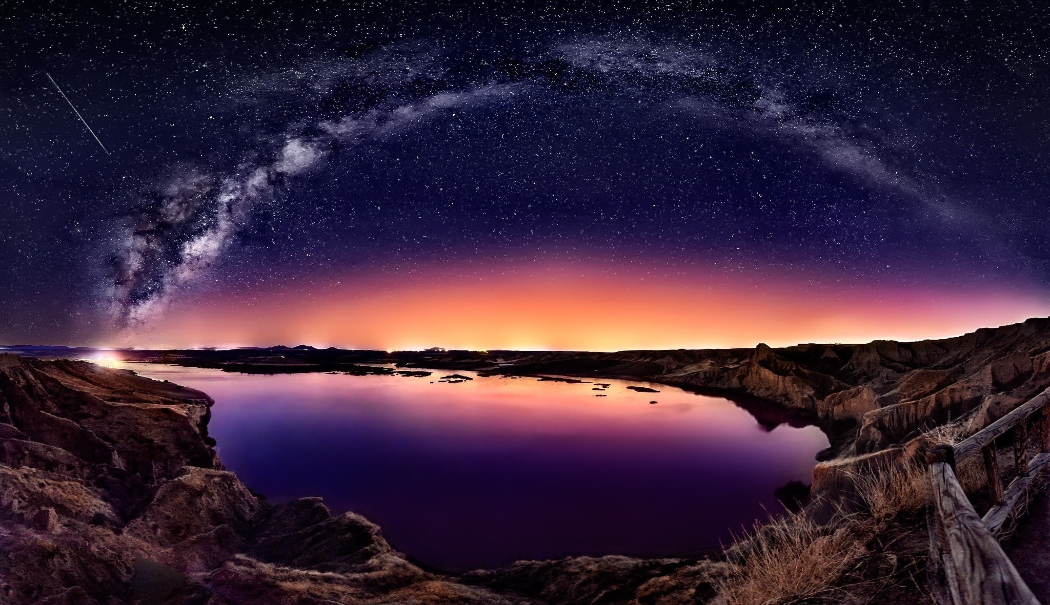 nature, Milky way, Bay, sky, Long Exposure, lake, scenics - nature, fence, comet, reflection, no people, space, star, astronomy, galaxy, landscape, Starry Night, HD Wallpaper