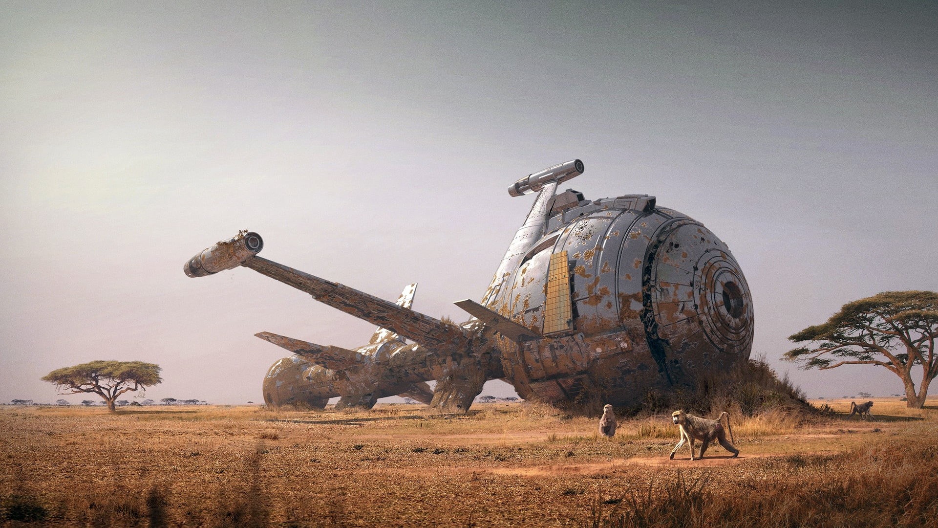 animal themes, sculpture, monkey, plant, vehicle, digital art, ship, day, Florian de Gesincourt, animal representation, sky, Cyberlab, no people, outdoors, HD Wallpaper