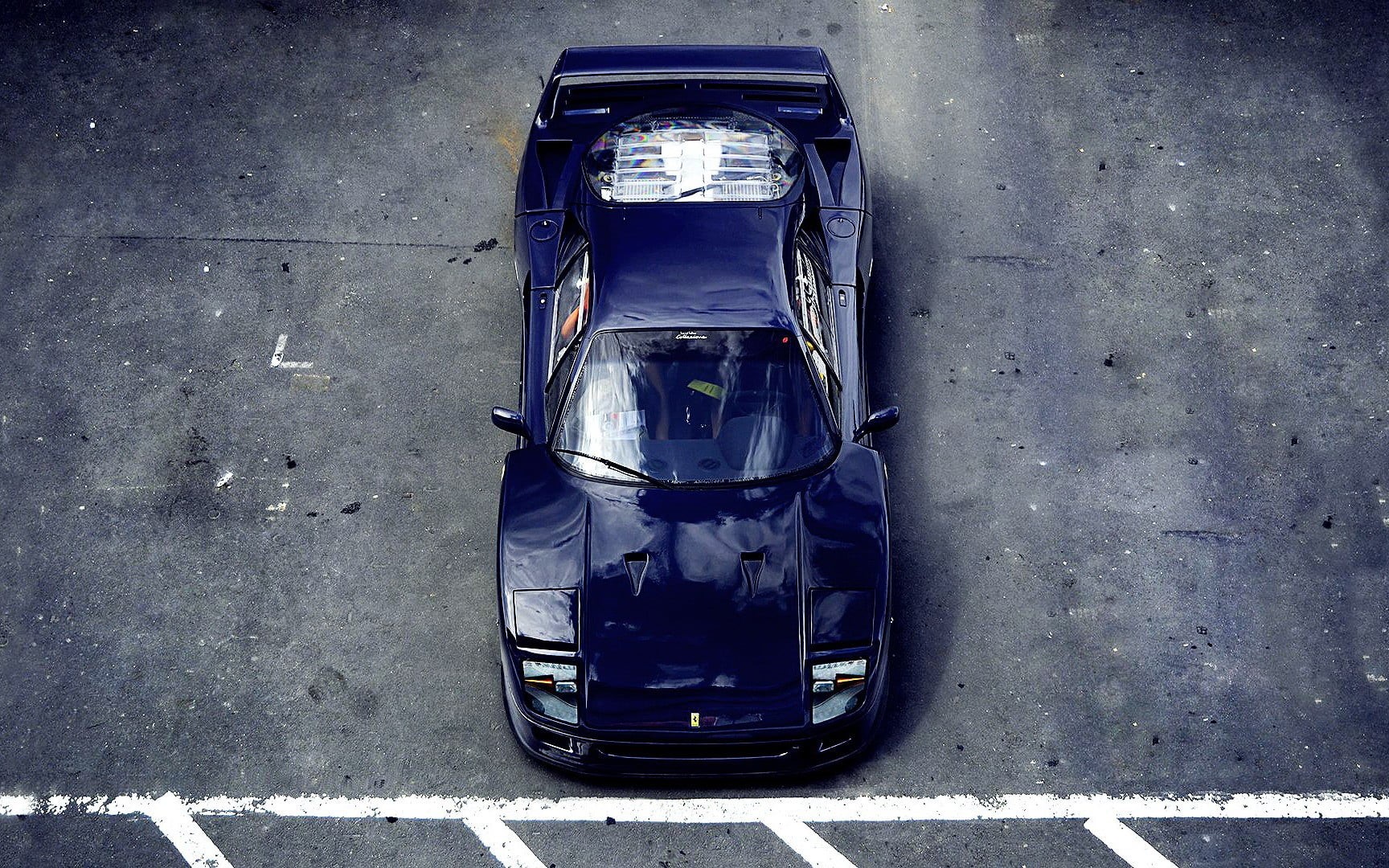 sign, symbol, 720P, top view, high angle view, sports, no people, car, Ferrari F40, outdoors, motor vehicle, city, blue, road marking, architecture, asphalt, HD Wallpaper