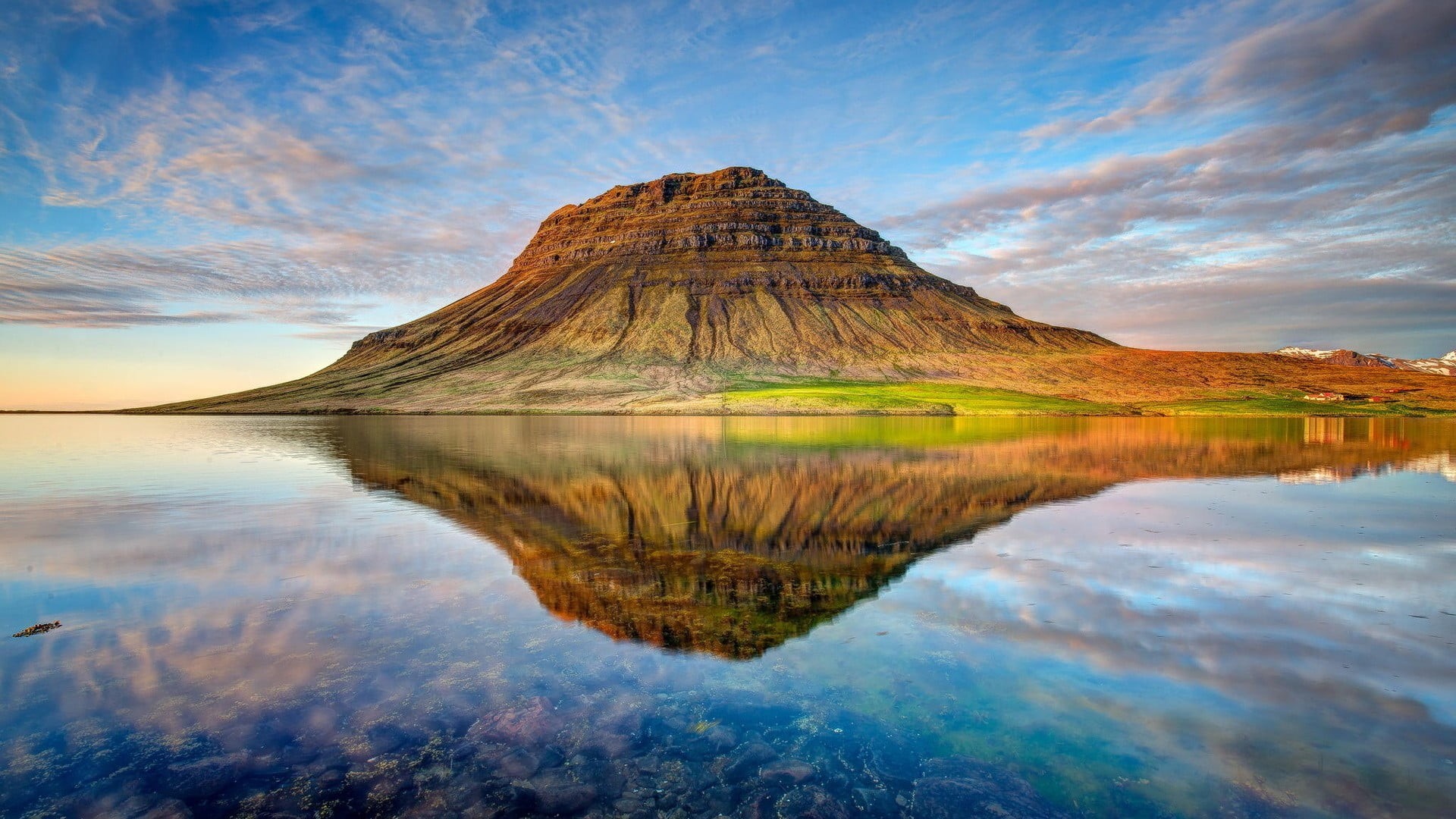lake, mountain, nature, sky, Kirkjufell, brown, reflection, tranquil scene, outdoors, 1080P, photography, travel destinations, environment, HD Wallpaper
