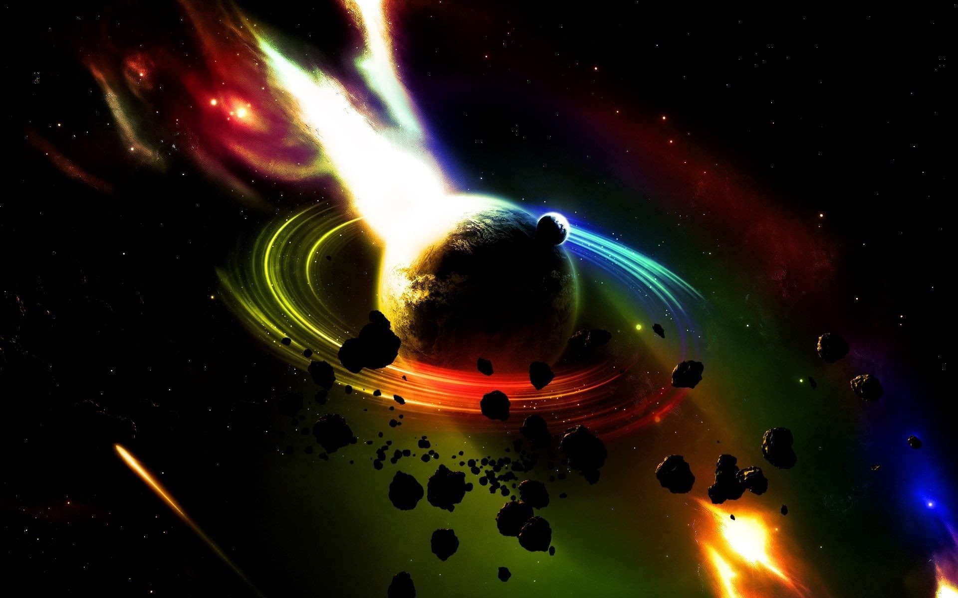 beauty in nature, illuminated, colorful, water, comet, night, 1080P, digital art, motion, planet, space, sea, astronomy, nature, universe, nightlife, indoors, HD Wallpaper