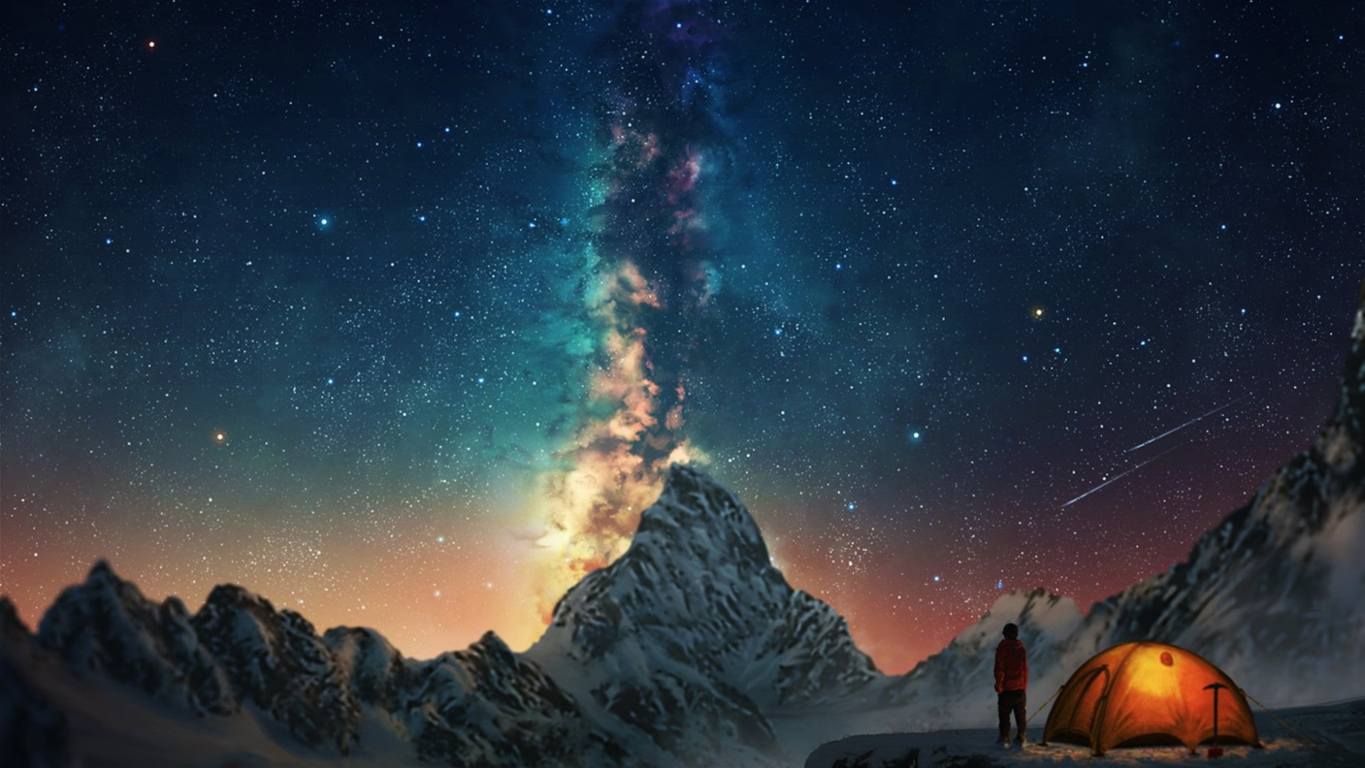 galaxy, space and astronomy, 1080P, Fantasy, Mountain, Comet, tranquil scene, Snow, winter, cold temperature, no people, space, landscape, Sky, mountain range, HD Wallpaper