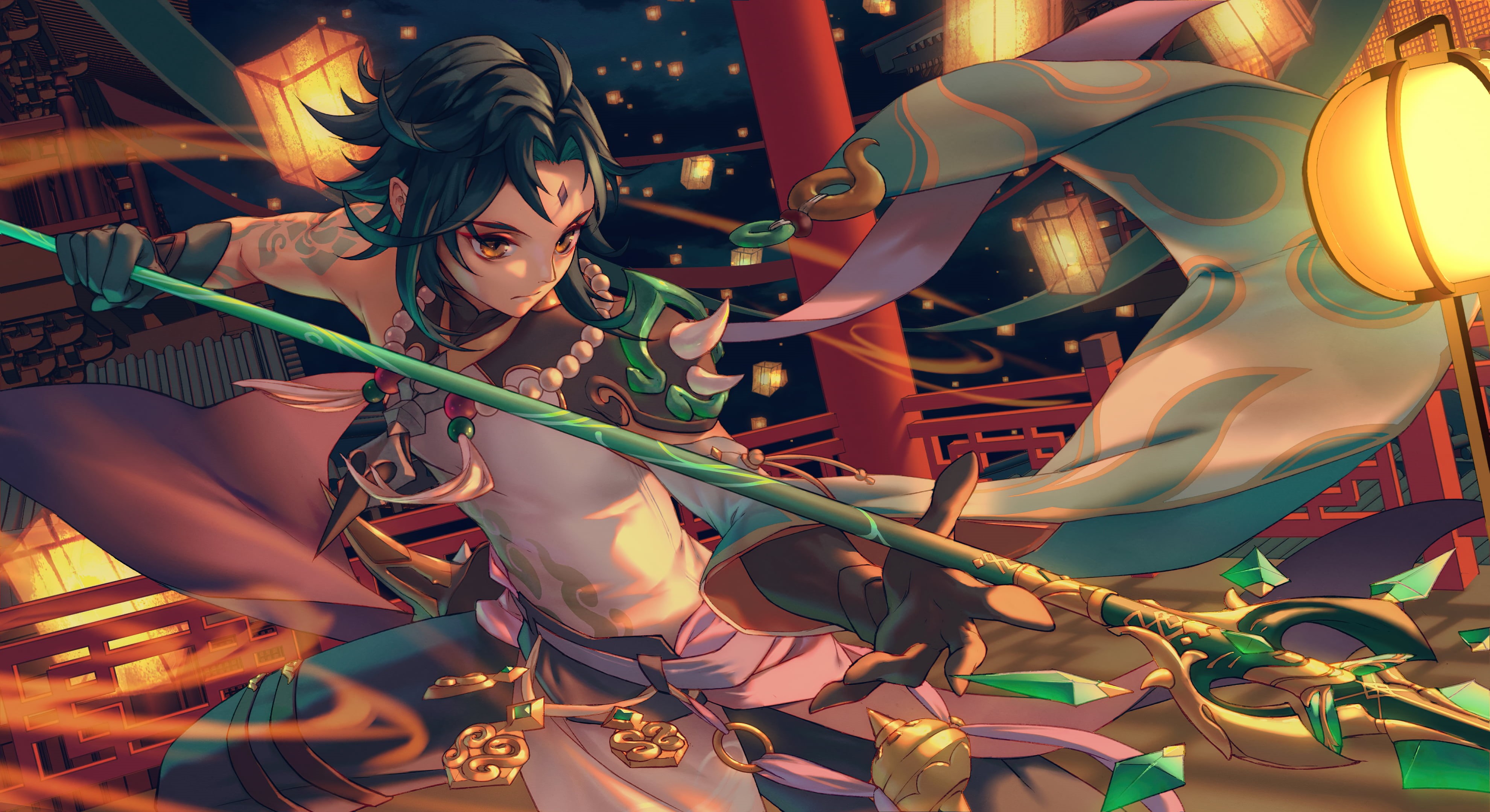 spear, 4K, Genshin Impact, digital art, video games, xiao, video game art, HD Wallpaper