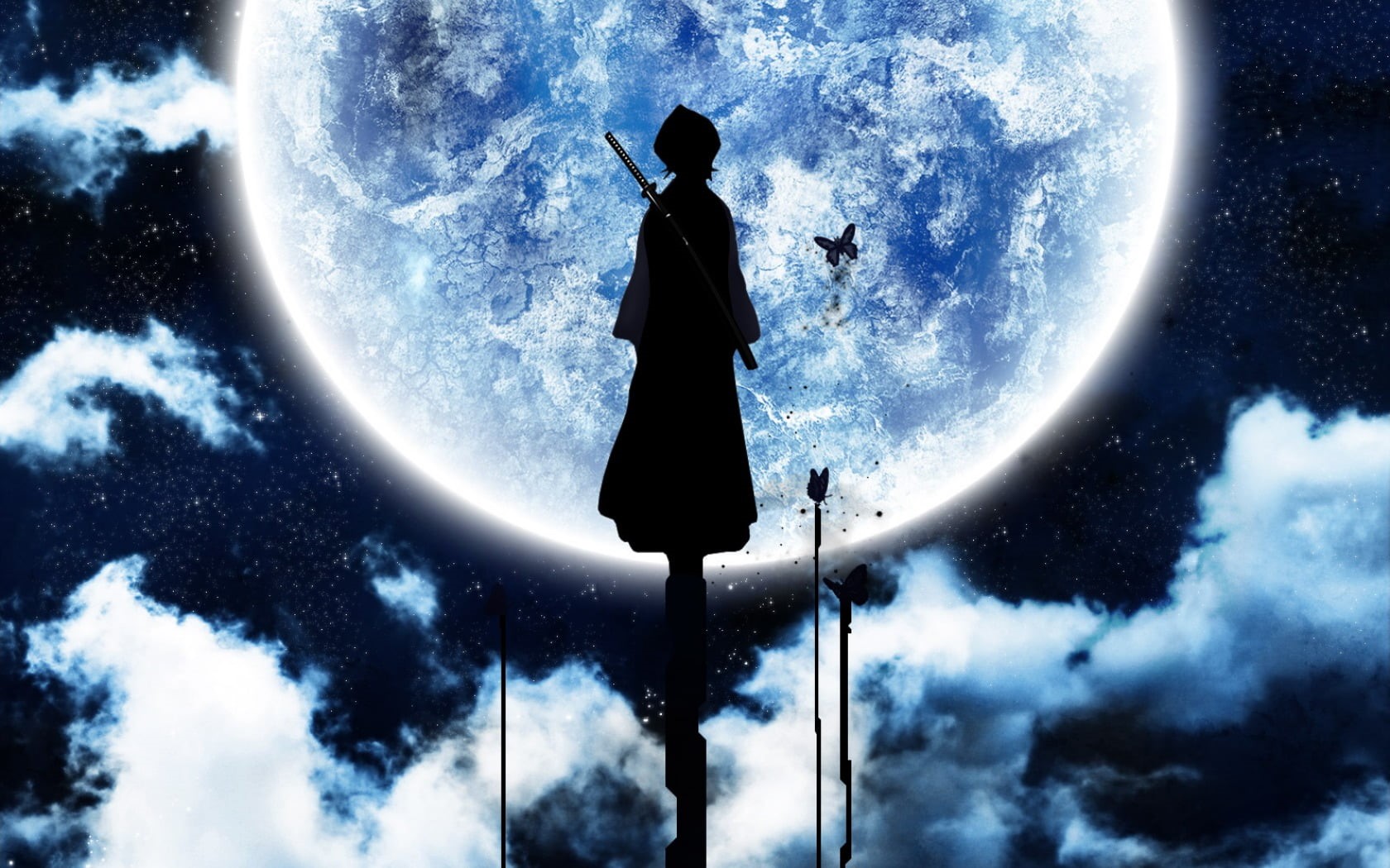 people, night, women, Bleach, beauty in nature, rear view, silhouette, 720P, moon, star - space, planet - space, astronomy, rukia, real people, standing, HD Wallpaper