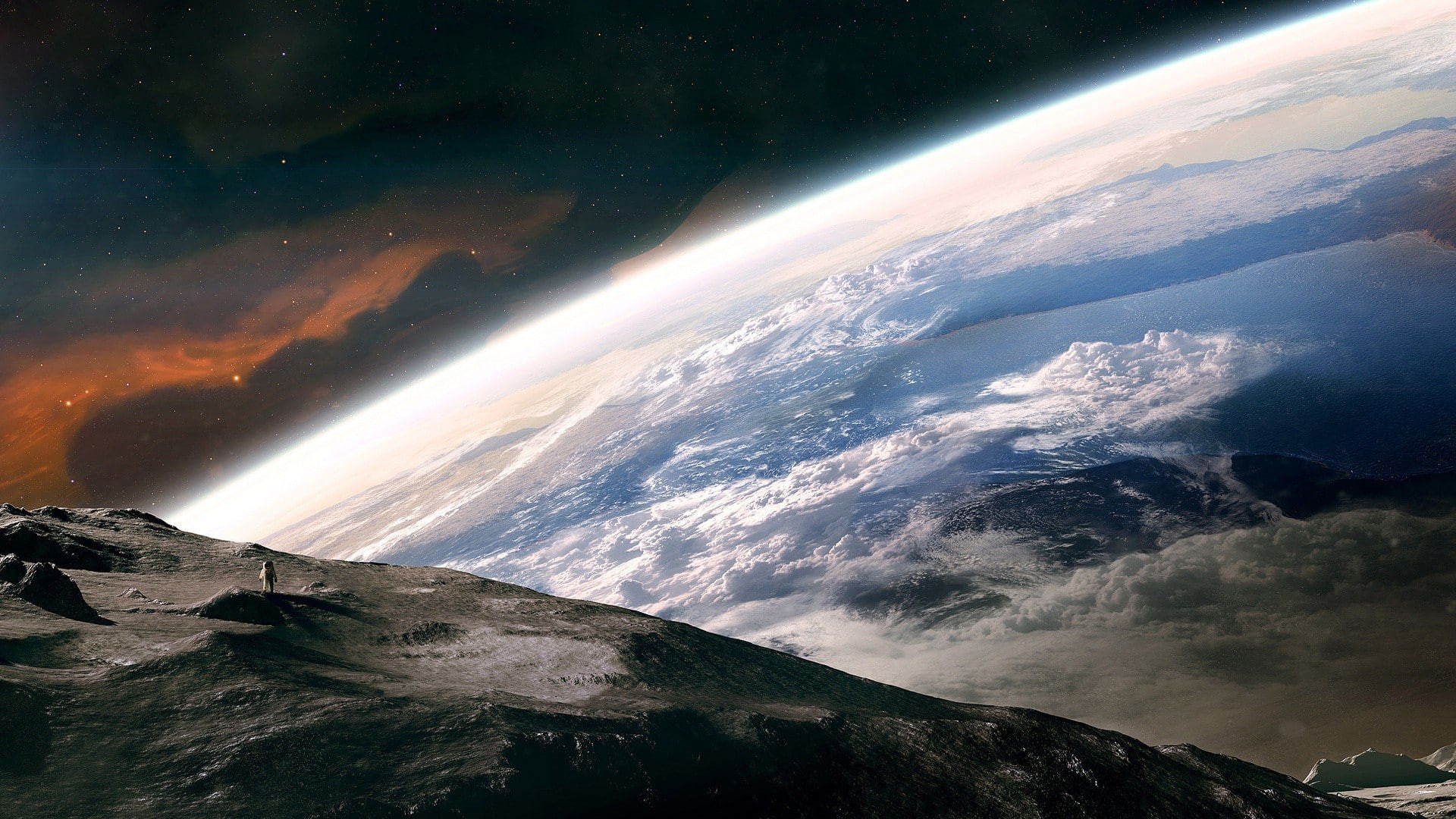 clouds, hd, earth, astronaut, 1080P, moon, space, nebulae, seen, HD Wallpaper