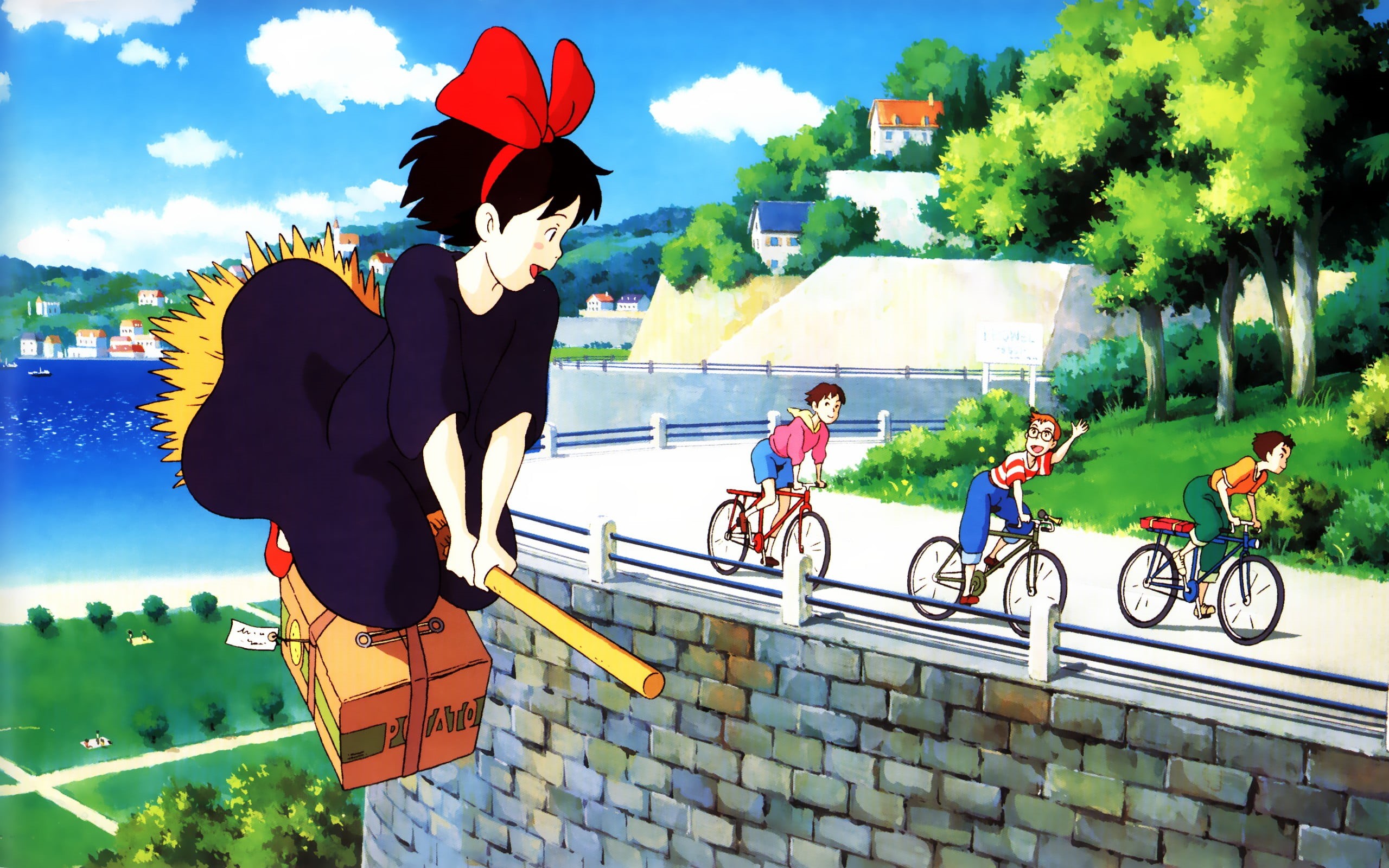 full length, character, people, outdoors, headwear, female, built structure, leisure activity, plant, tree, cloud - sky, Studio Ghibli, cartoon, bicycle, HD Wallpaper