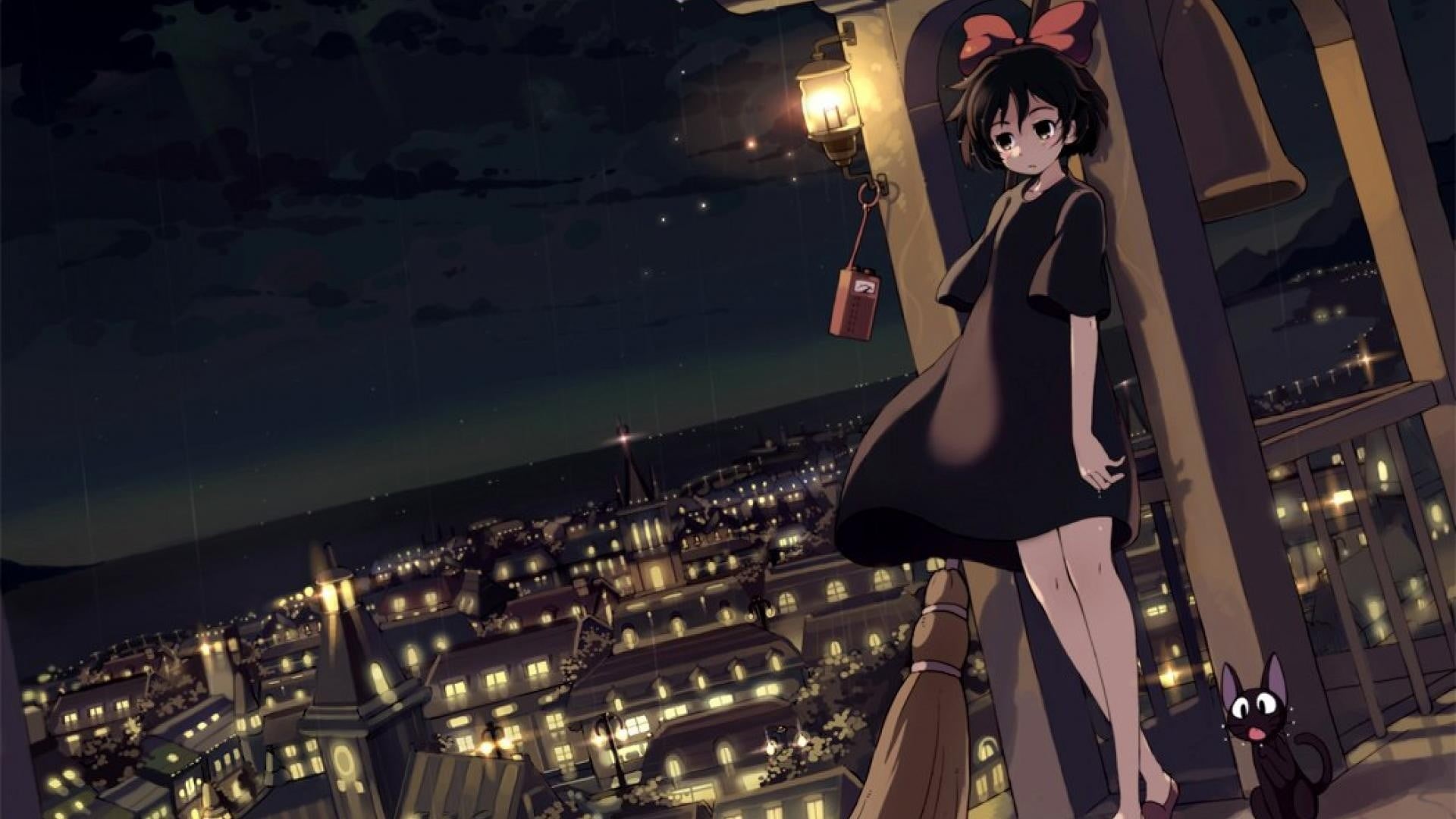 young women, leisure activity, clothing, illuminated, hairstyle, night, 1080P, fashion, architecture, women, Studio Ghibli, one person, built structure, HD Wallpaper