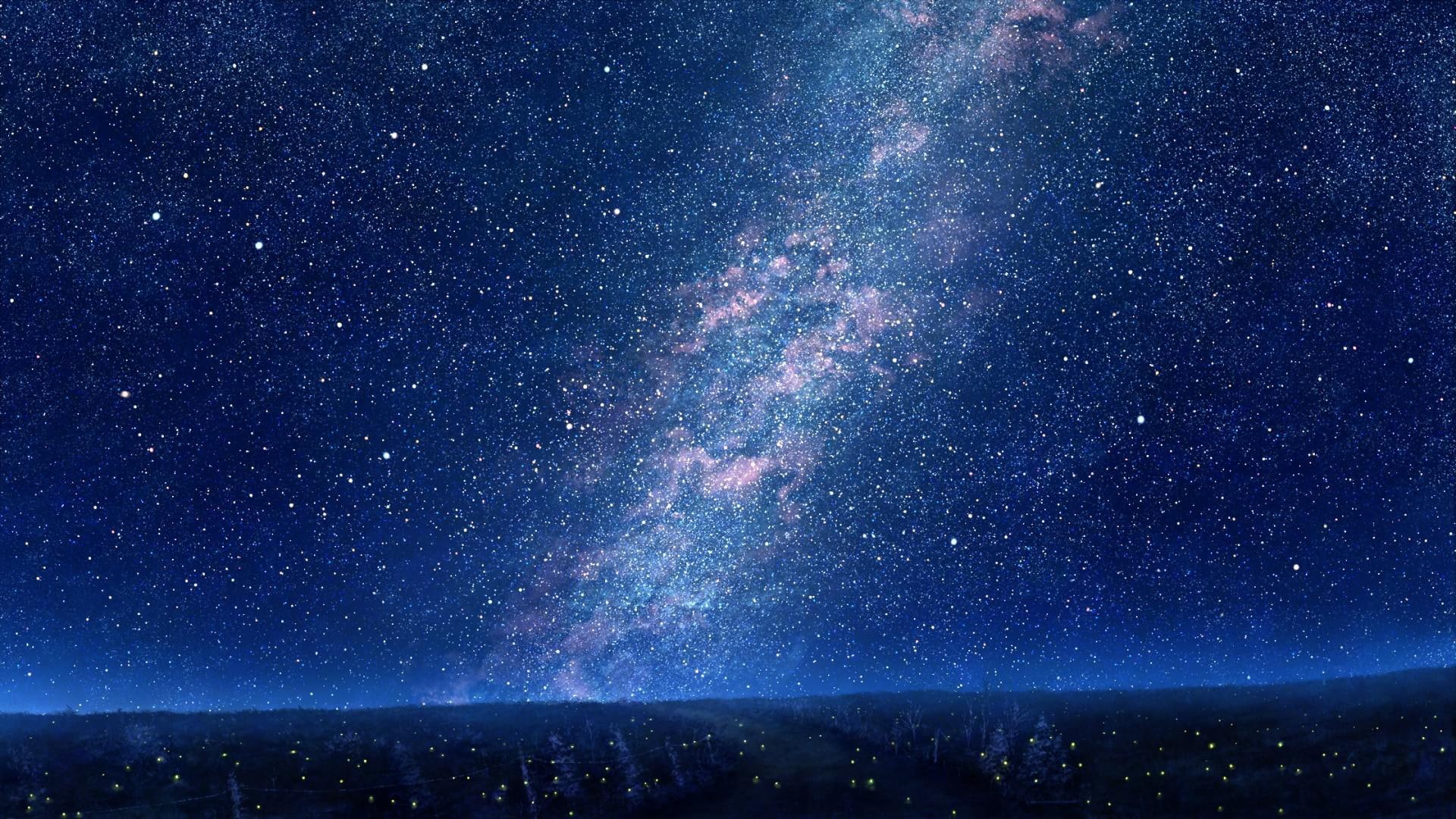 1080P, fantasy, blue, stars, blue sky, sky fantasy, night, sky, trees, HD Wallpaper