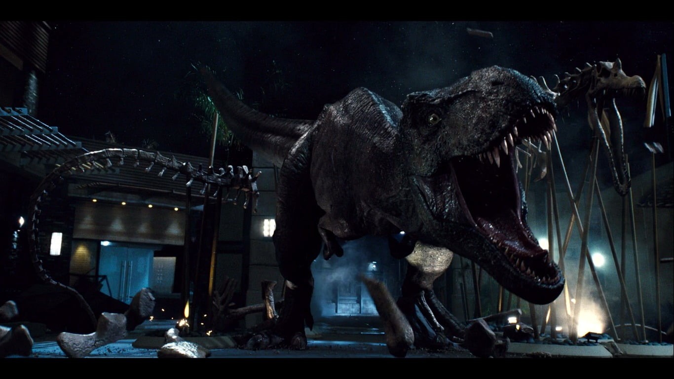 architecture, statue, sculpture, extinct, Tyrannosaurus rex, animal wildlife, 720P, illuminated, no people, animal head, mammal, indoors, Jurassic World, HD Wallpaper