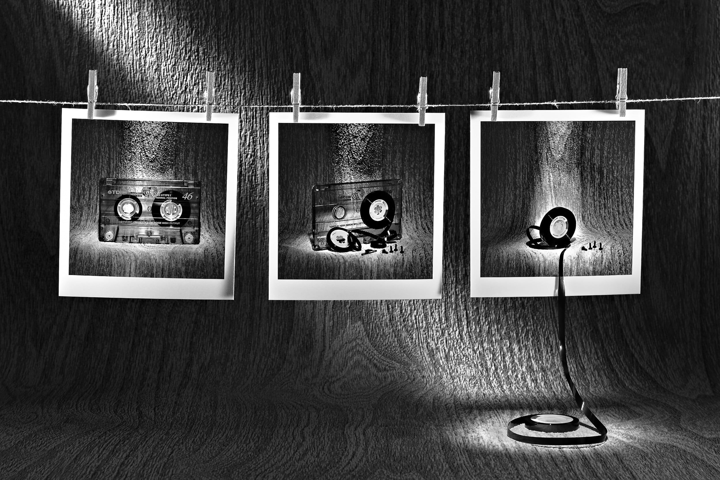 tapes, 1080P, polaroids, cords, wall - building feature, communication, clean, text, representation, sign, arrow symbol, optical illusion, creativity, HD Wallpaper
