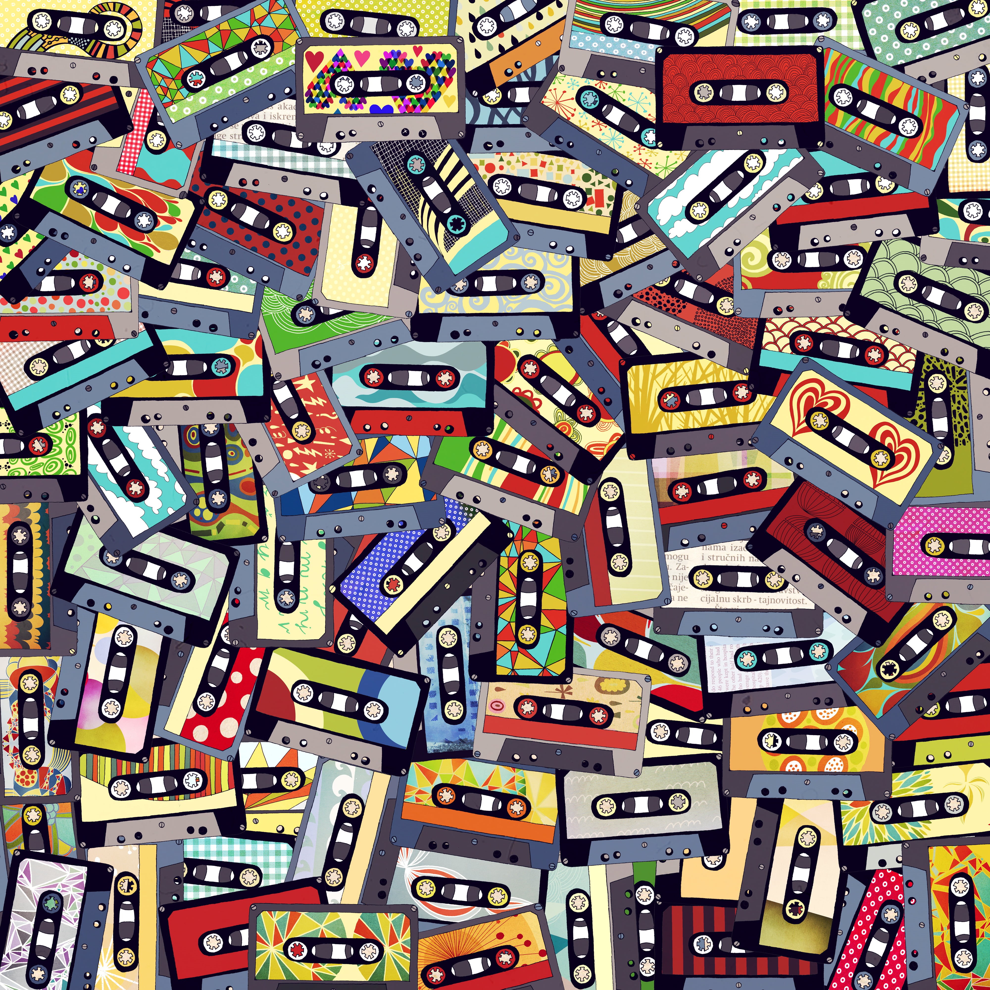 creativity, chaos, high angle view, indoors, western script, collection, no people, collage, variation, large group of objects, choice, alphabet, audio cassettes, Phone HD Wallpaper