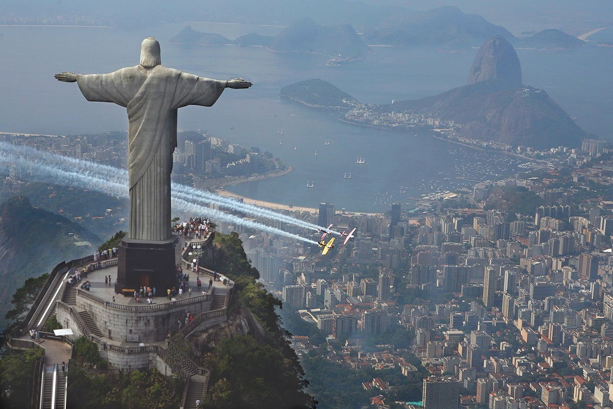 480P, travel destinations, high angle view, building exterior, day, aerial view, sculpture, mountain, aircraft, spirituality, Christ the Redeemer, office building exterior, HD Wallpaper
