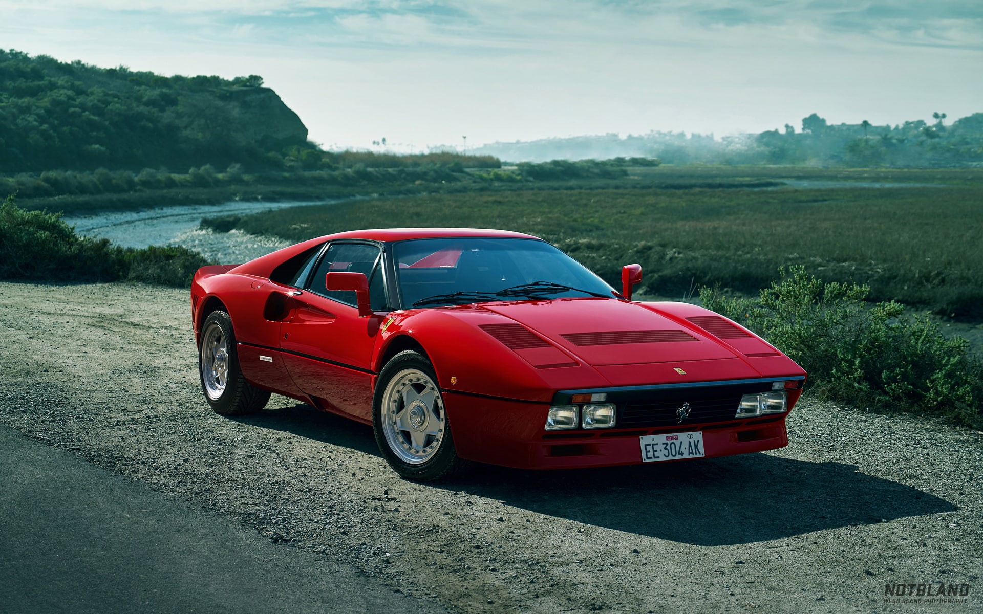car, road, river, landscape, ferrari 288 gto, 1080P, red, Ferrari, nature, HD Wallpaper