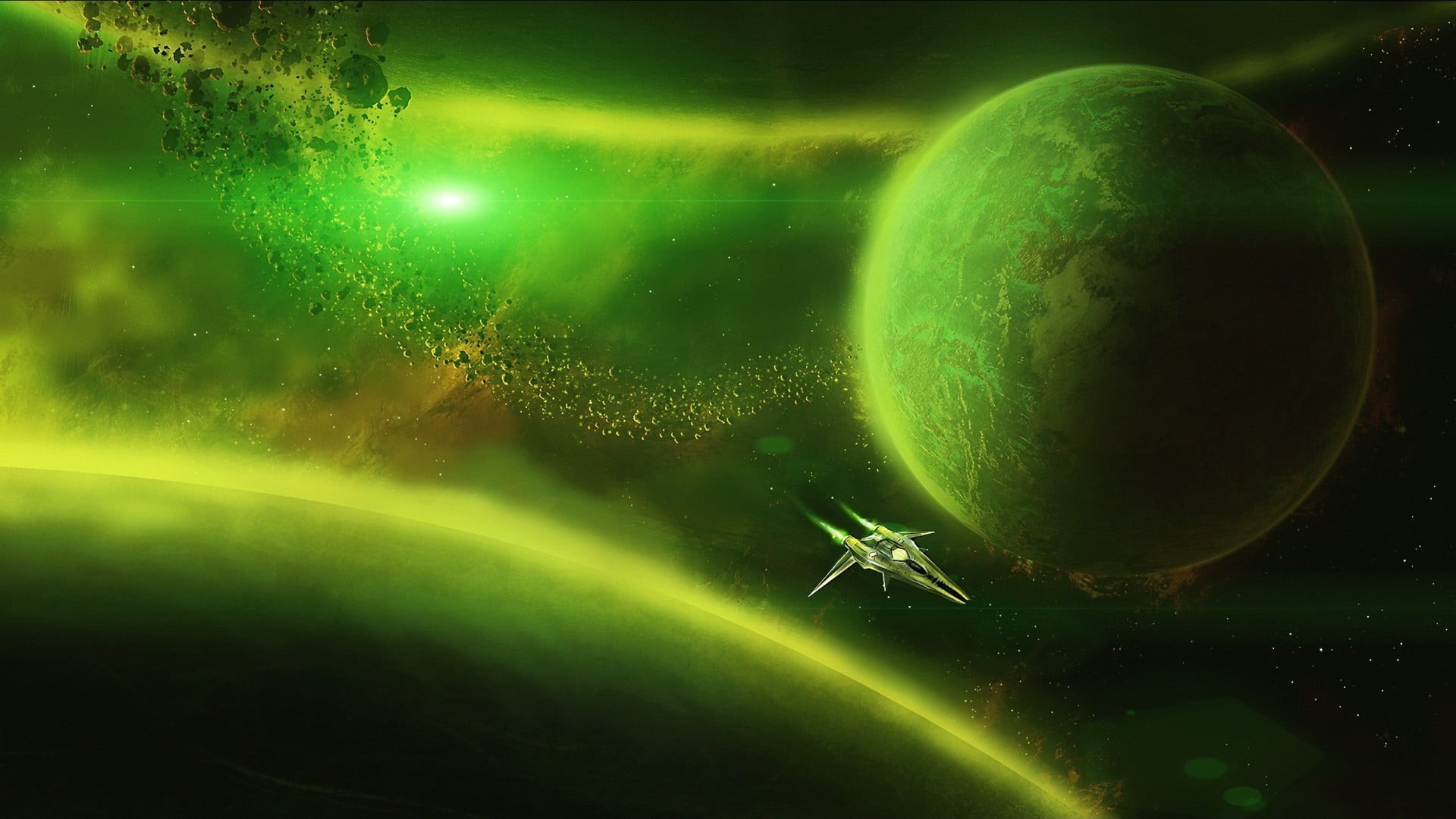 no people, beauty in nature, galaxy, green, astronomy, lights, universe, stars, lens flare, astrology, illustration, tranquility, 1080P, digital composite, HD Wallpaper
