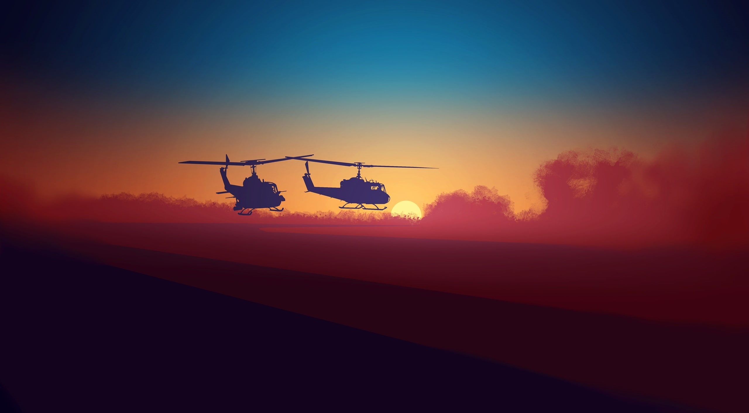 Illustration, Flying, Aero, Minimalism, Vector Art, Helicopters, flatdesign, Sunset, Colorful, Clouds, 2K, HD Wallpaper