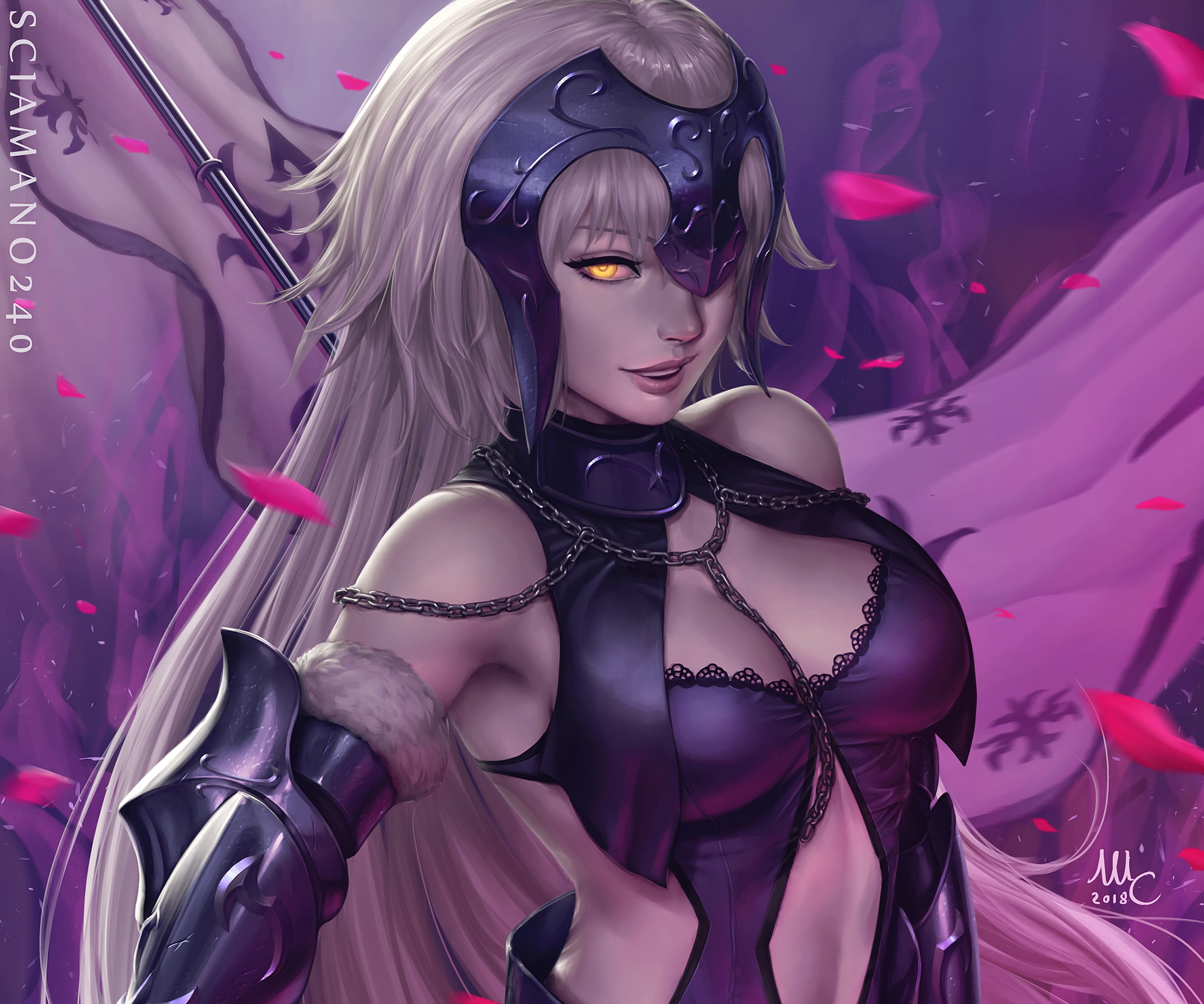 white hair, long hair, Fate/Grand Order, video games, yellow eyes, 2K, Fate Series, Avenger (Fate/Grand Order), anime girls, flag, Jeanne (Alter) (Fate, HD Wallpaper
