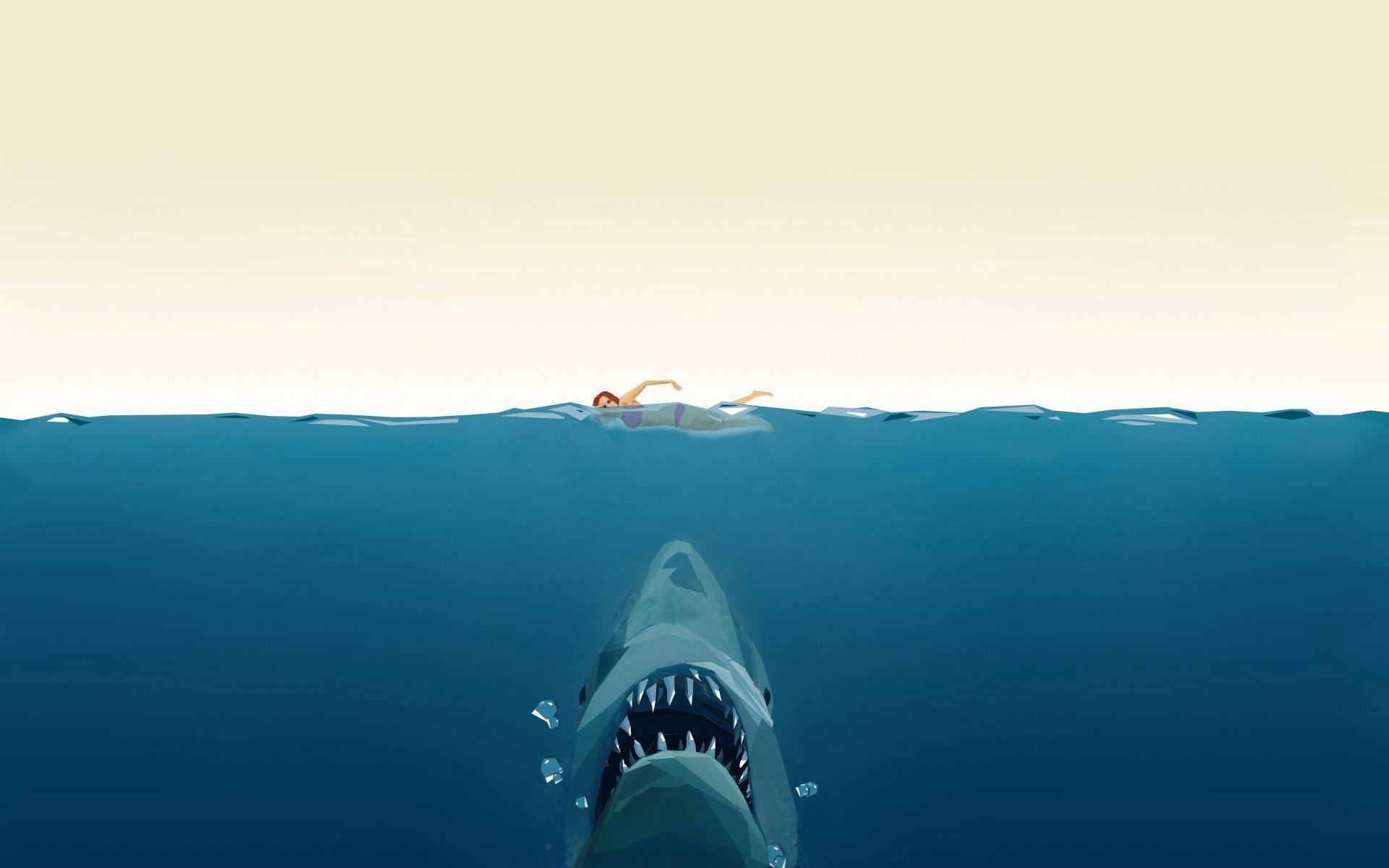 1080P, nature, lifestyles, limb, digital art, human foot, swimming, leisure activity, sea, shark, human body part, low section, water, real people, sky, HD Wallpaper