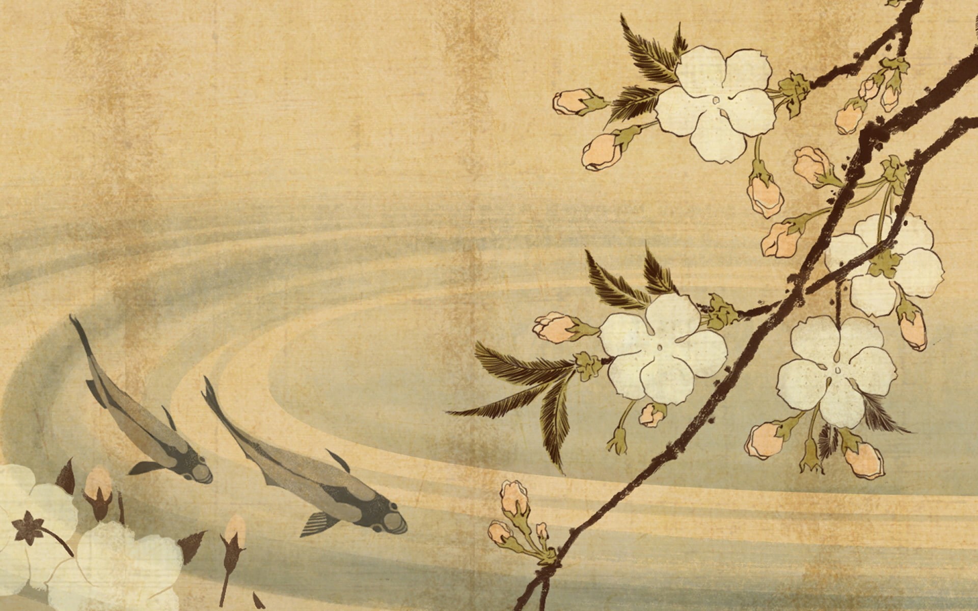flowers, white, 1080P, flower, koi, brown, drawing, digital/artwork, illustration, asian, fish, hd, HD Wallpaper