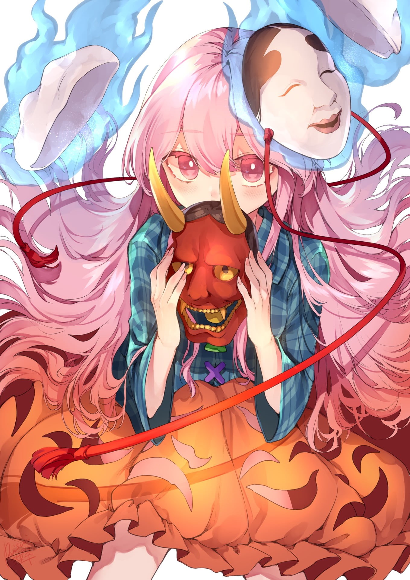 looking at viewer, Hata no Kokoro, pink hair, 1080P, artwork, pink eyes, 2D, digital art, anime girls, oni mask, Touhou, Phone HD Wallpaper