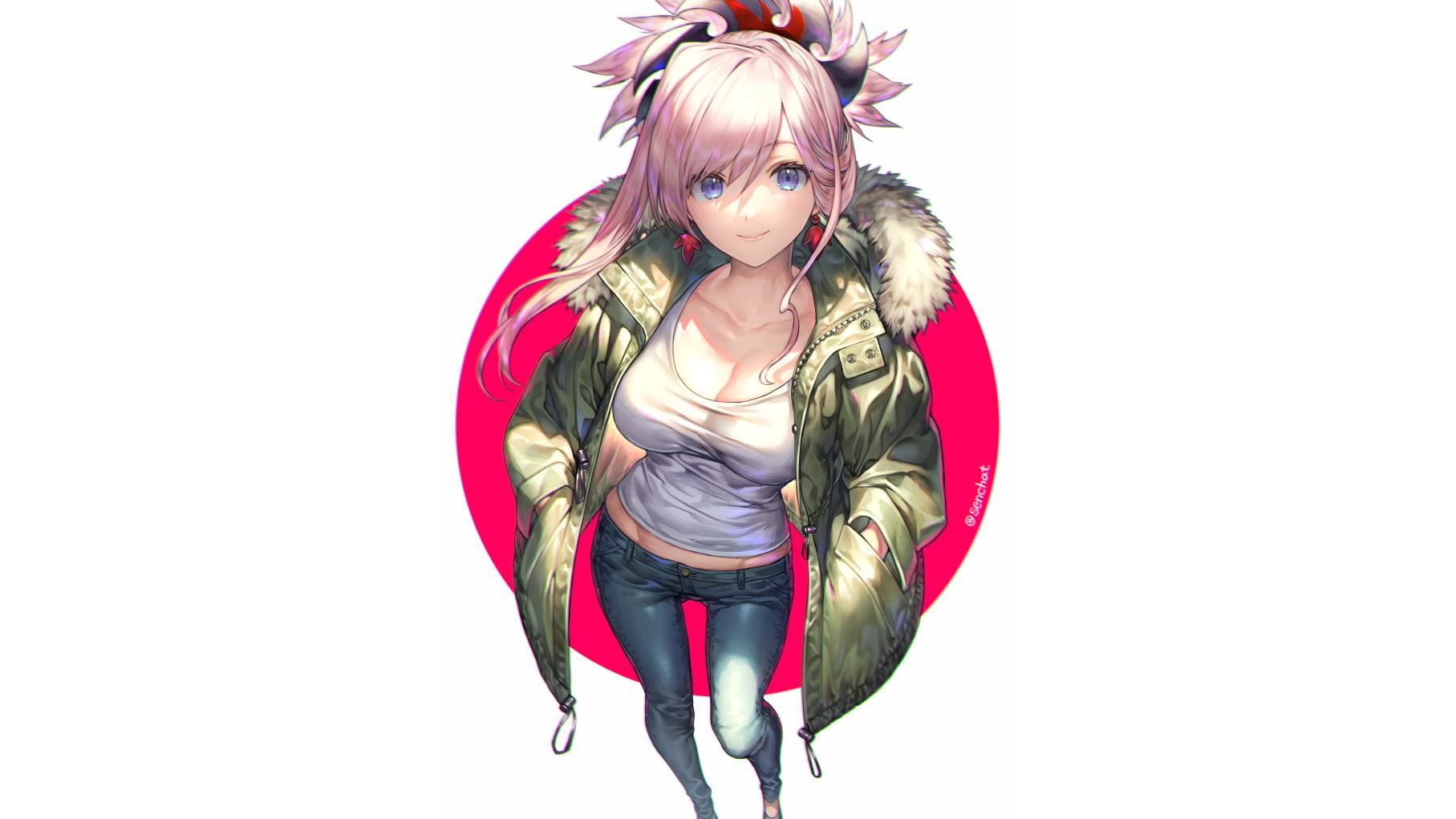 casual, cleavage, fan art, blushing, pink hair, white background, 2D, jacket, circle, simple background, drawing, digital art, Miyamoto Musashi (fate/grand order), HD Wallpaper