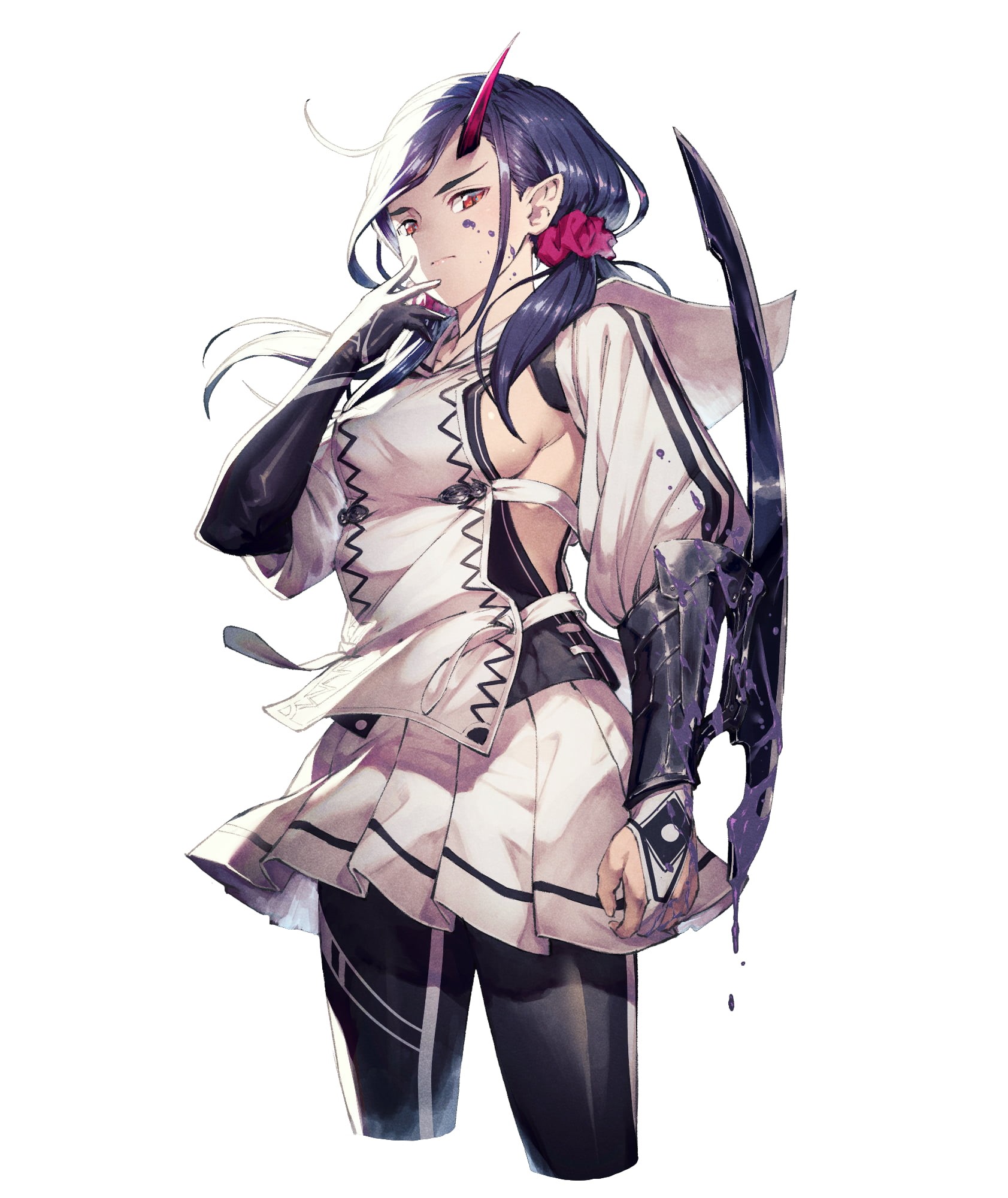 fantasy girl, anime girls, looking at viewer, 1080P, artwork, white background, drawing, anime, Chyko, 2D, red eyes, weapon, dark hair, Oni, demon girls, Phone HD Wallpaper
